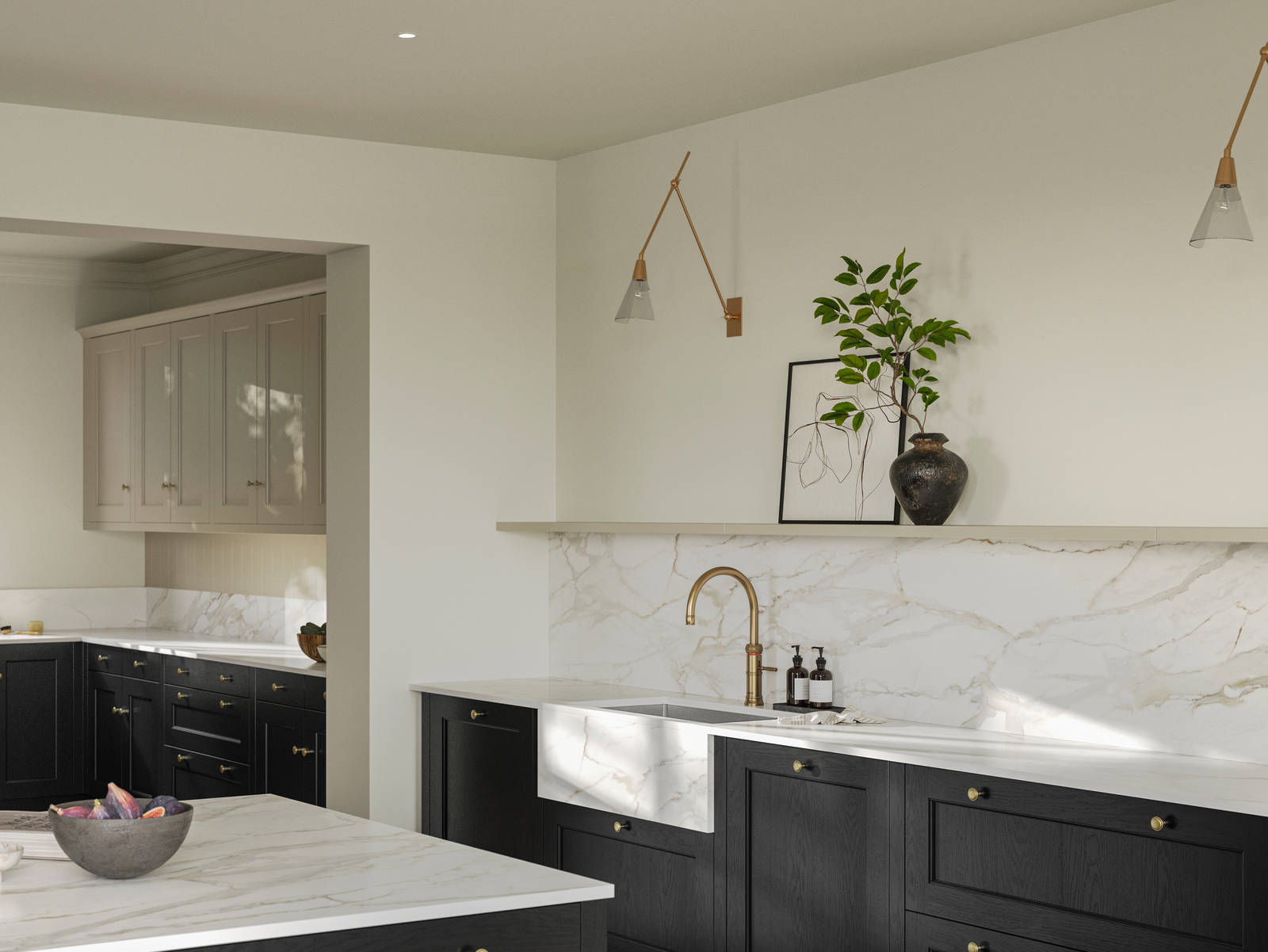 Traditional Shaker-style tactile woodgrain Ludlow Sumi Black kitchen with kitchen island, light and airy with brass accessories, marbled white and grey worktop, Ludlow French Clay wall cabinets and Amtico oak stripwood vinyl flooring.