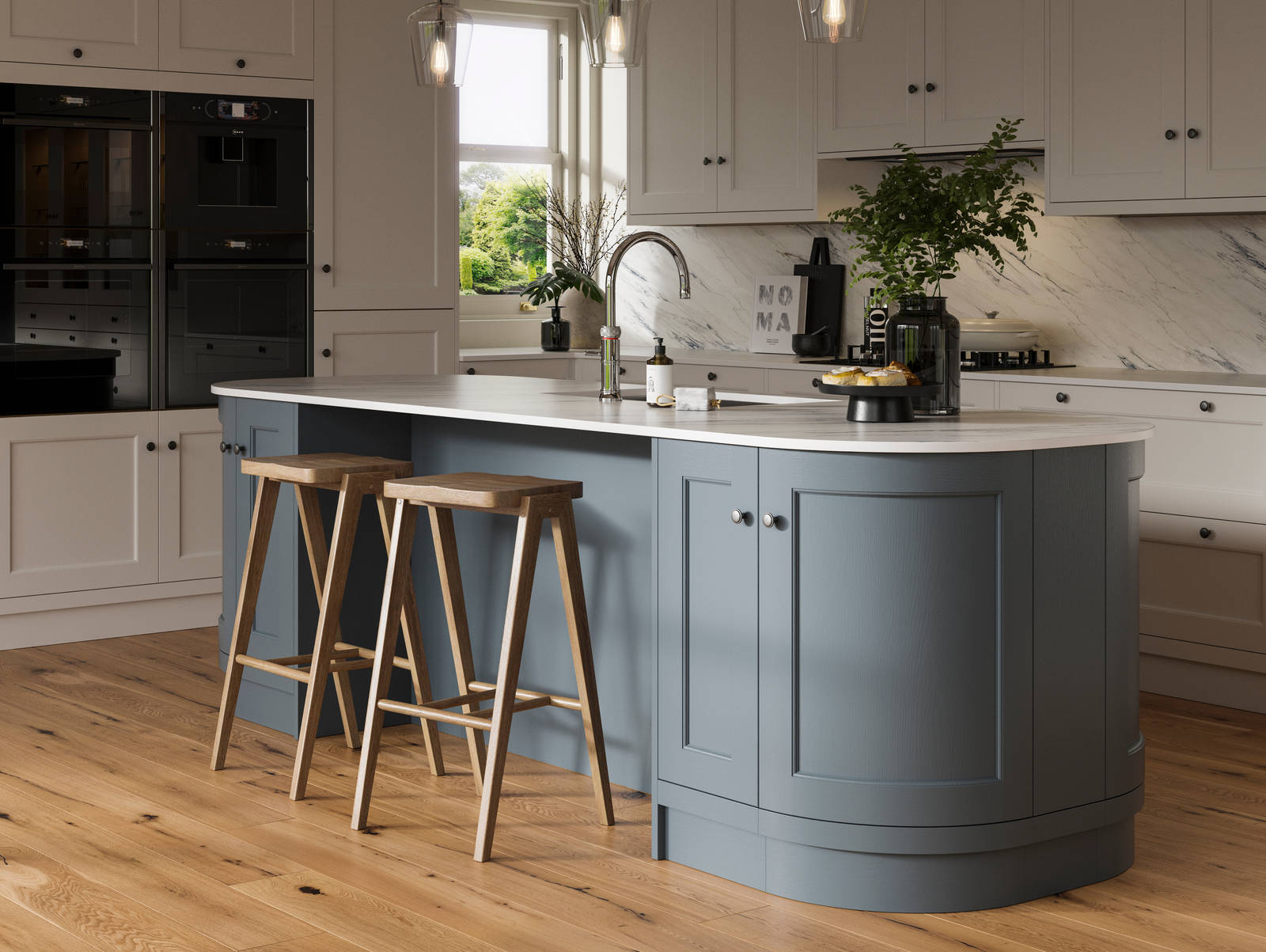 traditional Shaker-style kitchen range featuring panelled doors with visible woodgrain and beading detail