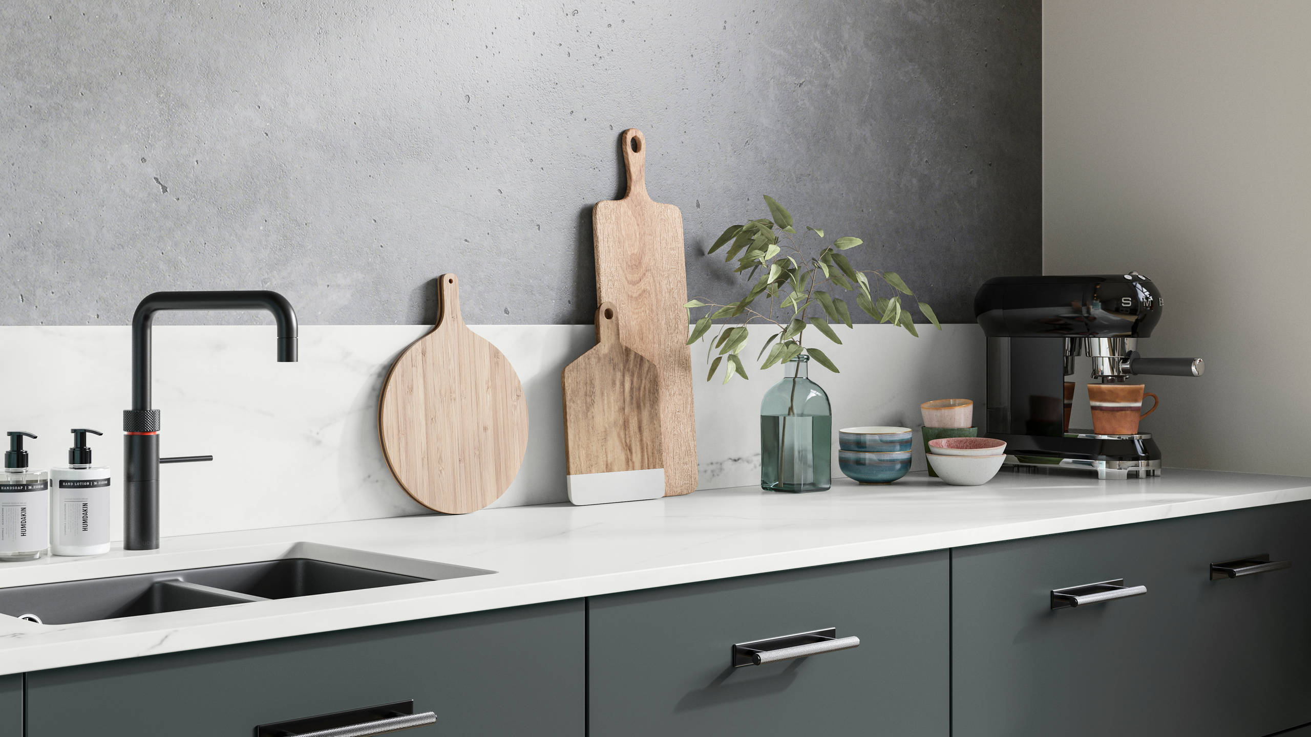 Soho kitchen in Arboretum Green with a blue Smeg fridge, black handles, tap and sink.