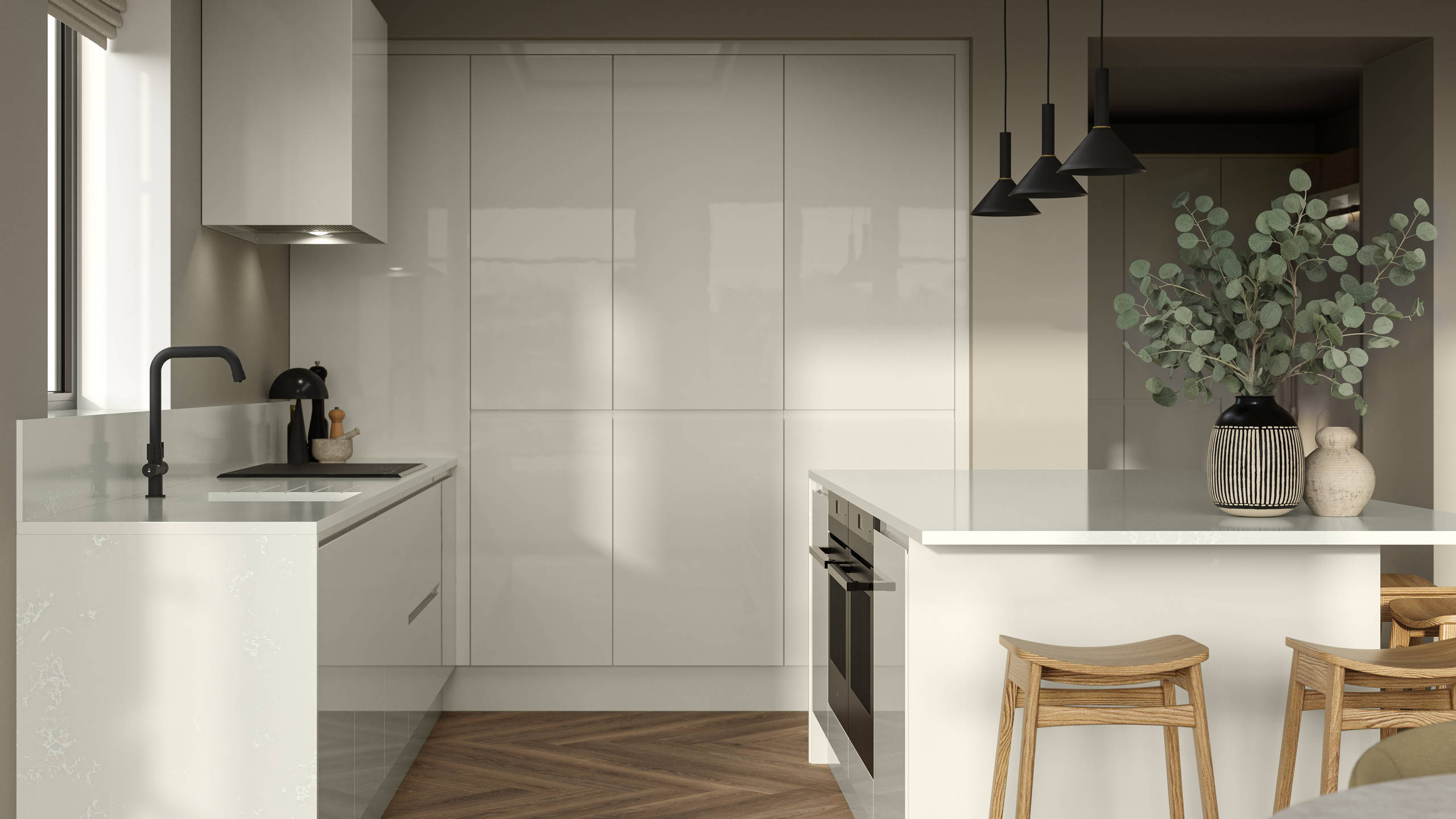 Corner of Luna Gloss Limestone kitchen with tall cabinets, kitchen island featuring an integrated oven, a breakfast bar with wood stools, a black tap and white extractor hood, Amtico smouldered oak in parquet flooring.