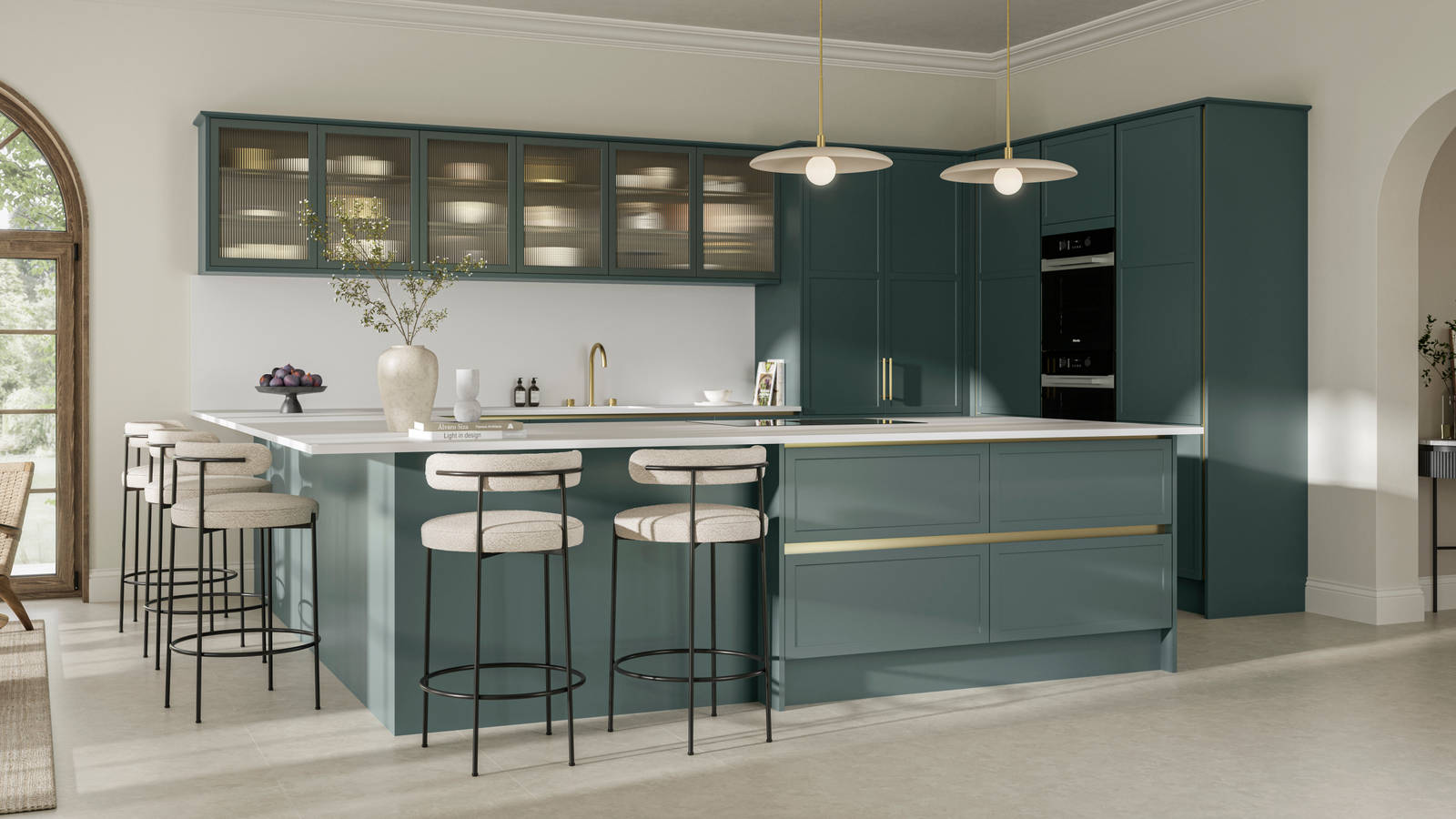 Handleless frame door Integra Brunswick Spruce G-shaped kitchen, Georgian extension with bar stool seating, Minerva white worktop and splashback, wall cabinets with fluted glass vitrine doors.