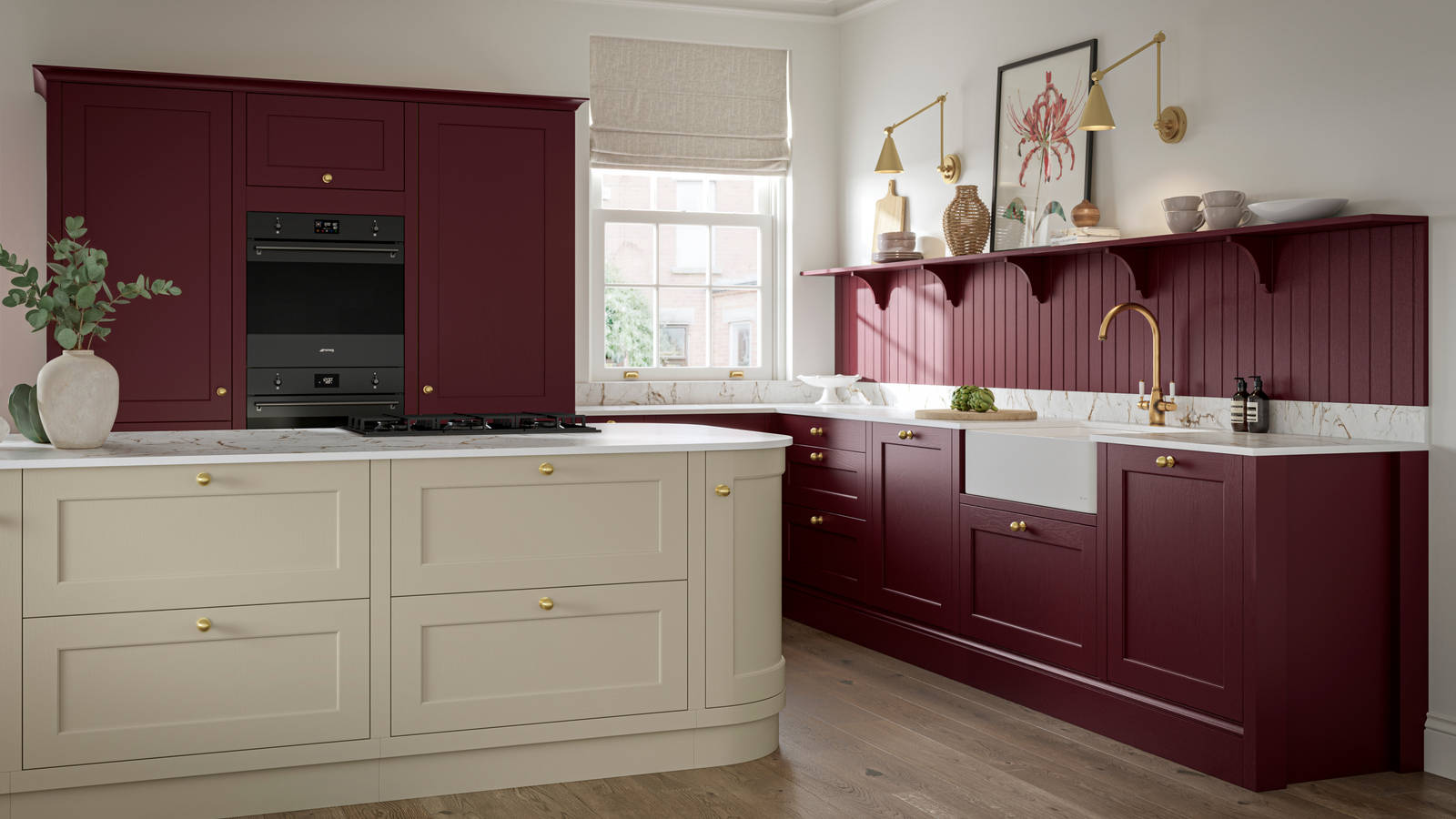 Traditional Shaker-style tactile woodgrain Ludlow kitchen in bold shade Morello with matching wall panel and shelves, brass accents such as knobs and brass tap, a white ceramic sink, Ludlow parchment kitchen island and dusty oak vinyl flooring.