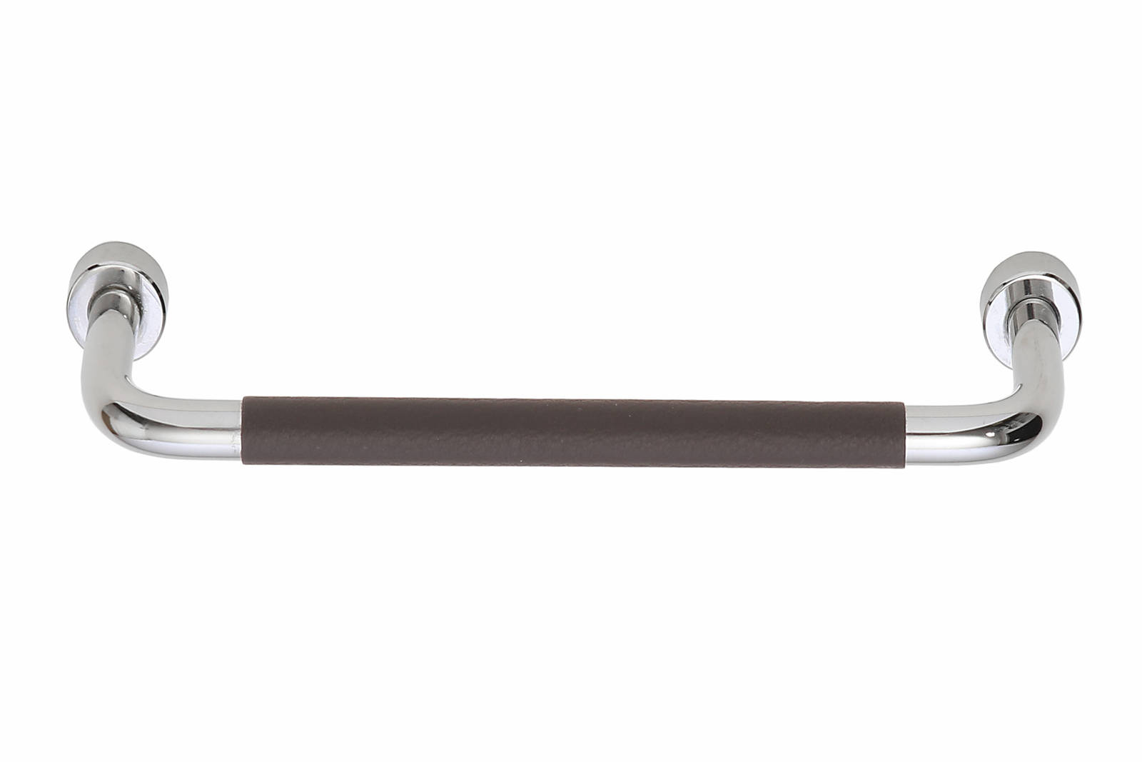 Duett krom med mørkt  brunt skinn, cc 128 mm knotter og håndtak norema kjøkken