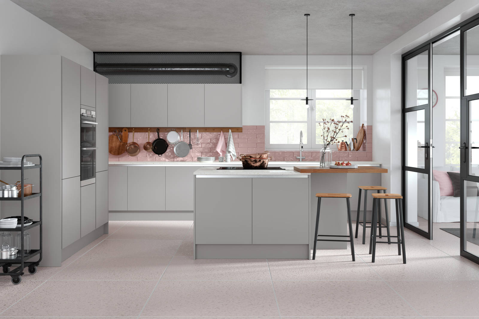Integra Ascoli kitchen by Magnet. Matt finish handless door with trim brushed in aluminium for a high end finish.
