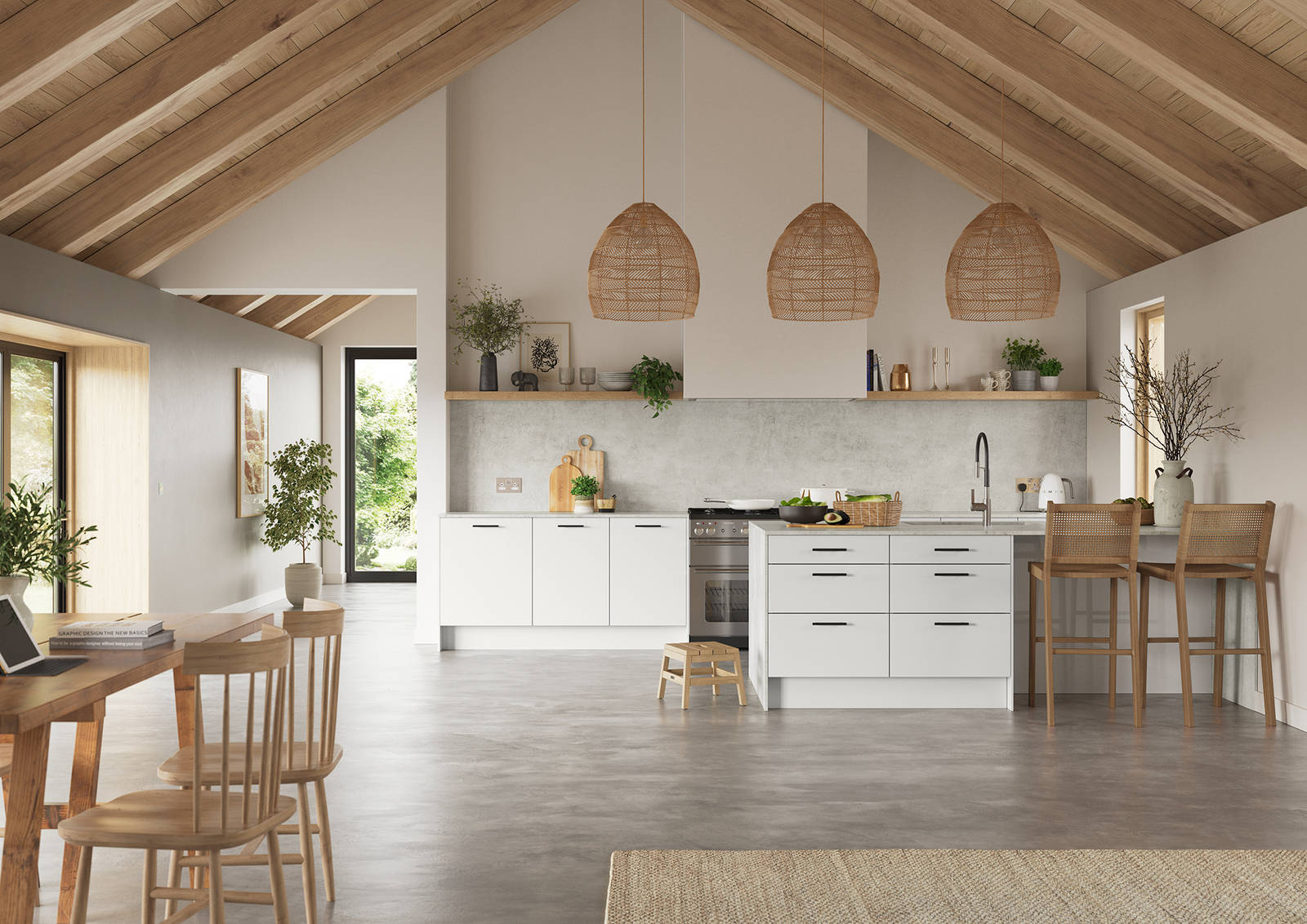Hoxton kitchen. Smooth slab doors in a painted effect finish. Minimalist styling with your choice of handles and three colours.