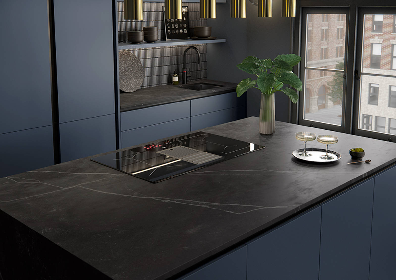 Integra Hoxton Kitchen from Magnet available in metallic midnight blue. Smooth slab doors and a painted effect finish.