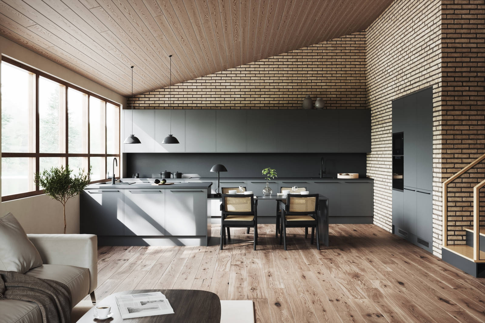 Köket Arkitekt Plus i färgen Granit. Bänkskiva Zeus Antracit i laminat. Handtag Solo svart.