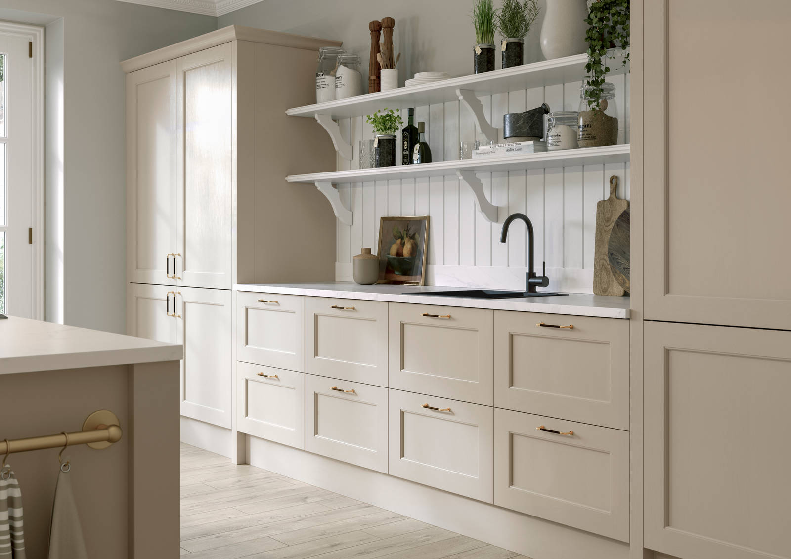 Ludlow kitchen, a Shaker door with a modern country-style in the neutral shade Pebble path paired with white open shelves and wall panelling.