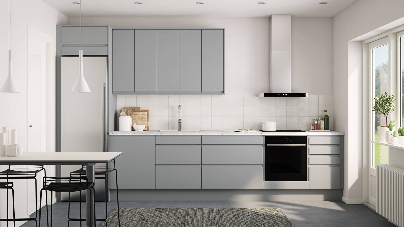 Herlig trendkjøkken med slette fronter og innfreste grep, som markerer modellens linjerene design. Horisont kjennetegnes av en klar og kjølig friskhet, noe som representerer ny nordisk design på sitt beste.