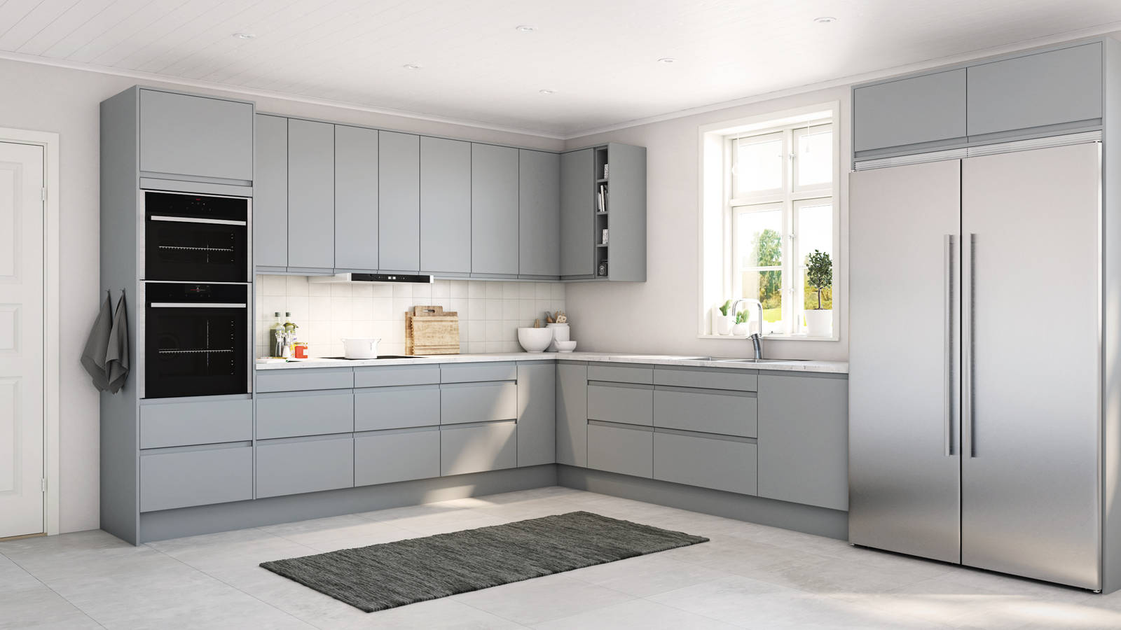 Herlig trendkjøkken med slette fronter og innfreste grep, som markerer modellens linjerene design. Horisont kjennetegnes av en klar og kjølig friskhet, noe som representerer ny nordisk design på sitt beste.