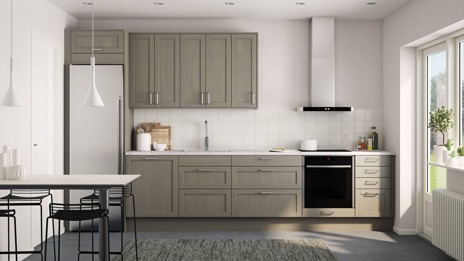 Rustikk og landlig kjøkkenmodell i heltre eik. Front med enkel ramme og slett fylling gjør at du kan variere uttrykket på kjøkkenet fra det helt moderne til det rustikke landlige preget alt etter hvilket tilbehør du velger.