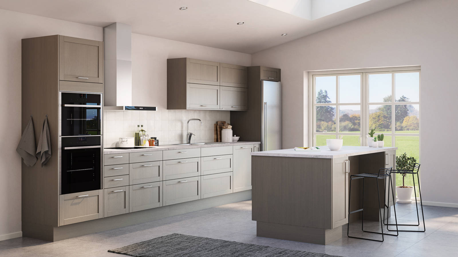 Rustikk og landlig kjøkkenmodell i heltre eik. Front med enkel ramme og slett fylling gjør at du kan variere uttrykket på kjøkkenet fra det helt moderne til det rustikke landlige preget alt etter hvilket tilbehør du velger.