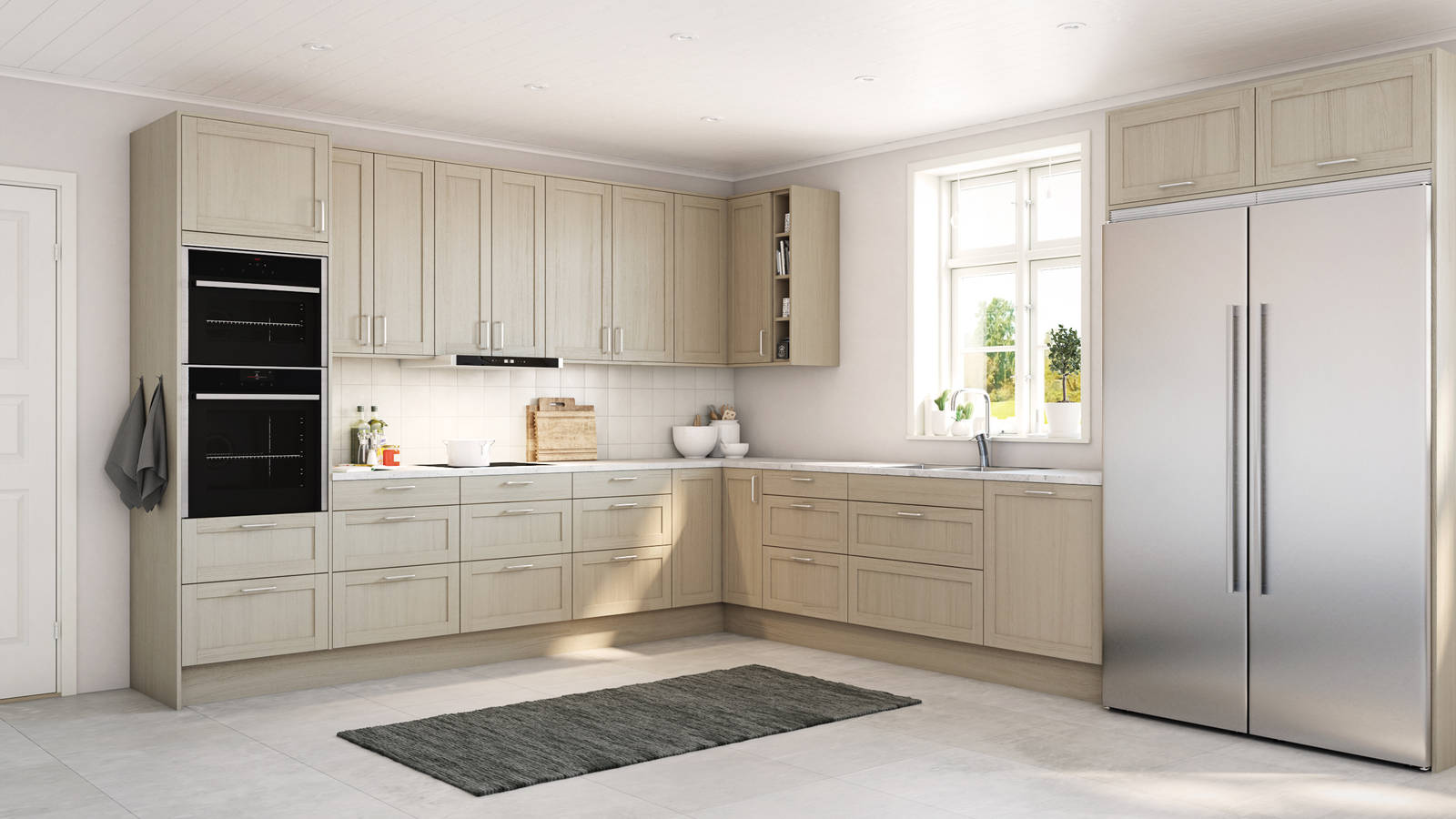 Rustikk og landlig kjøkkenmodell i heltre eik. Front med enkel ramme og slett fylling gjør at du kan variere uttrykket på kjøkkenet fra det helt moderne til det rustikke landlige preget alt etter hvilket tilbehør du velger.