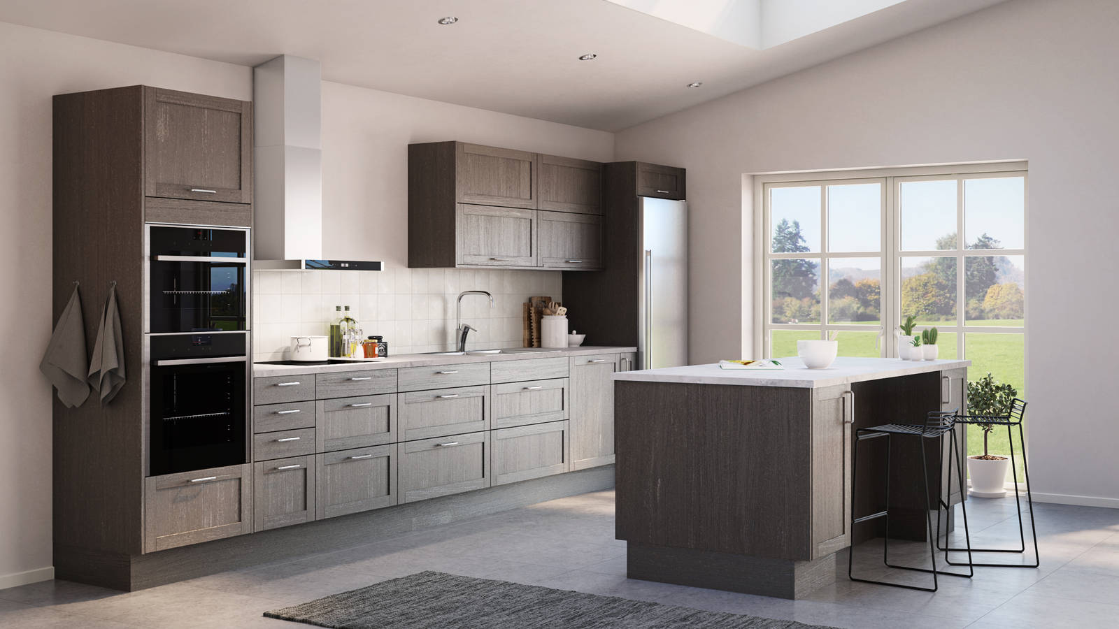 Rustikk og landlig kjøkkenmodell i heltre eik. Front med enkel ramme og slett fylling gjør at du kan variere uttrykket på kjøkkenet fra det helt moderne til det rustikke landlige preget alt etter hvilket tilbehør du velger.