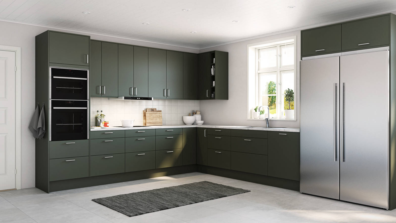 Mild og godlynt kjøkkenmodell i lys eik med liggende trestruktur og innfreste grep.