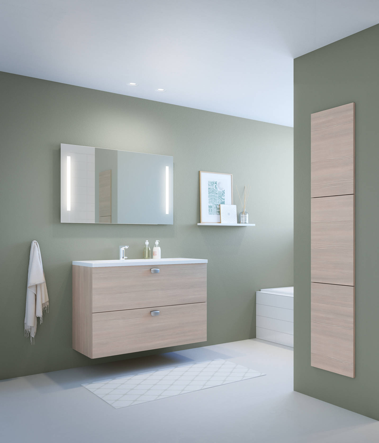 Baderomsmodell med slette fronter med liggende trestruktur.