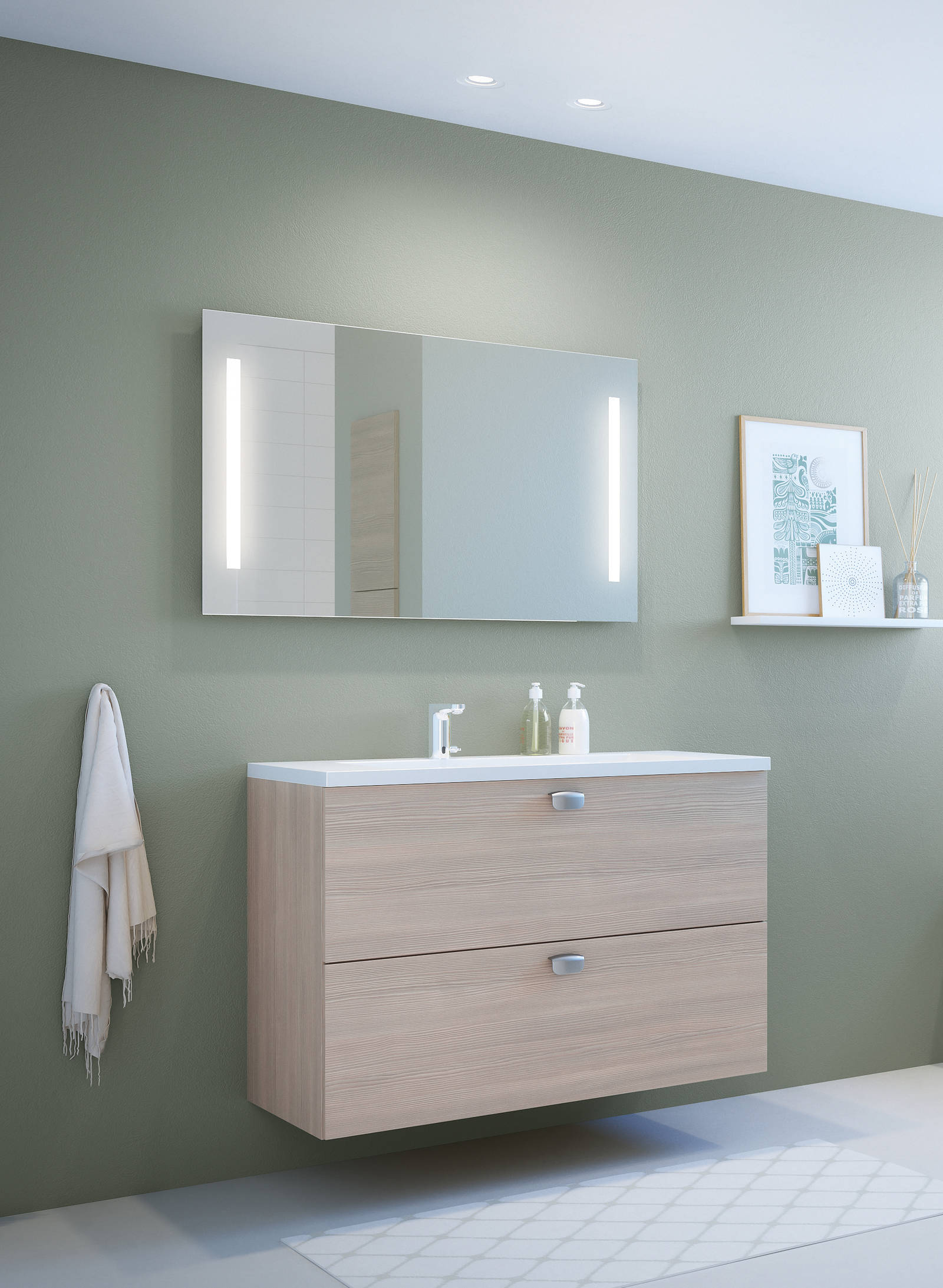 Baderomsmodell med slette fronter med liggende trestruktur.