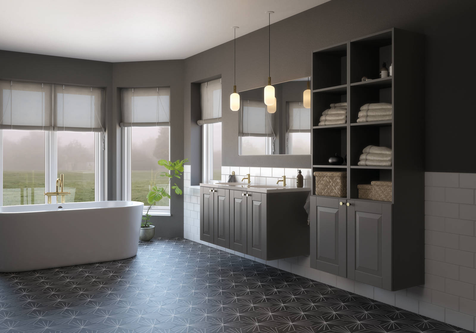 En gedigen, klassisk baderomsløsning, tradisjonsinnredning med ramme i tre og profilert fylling.