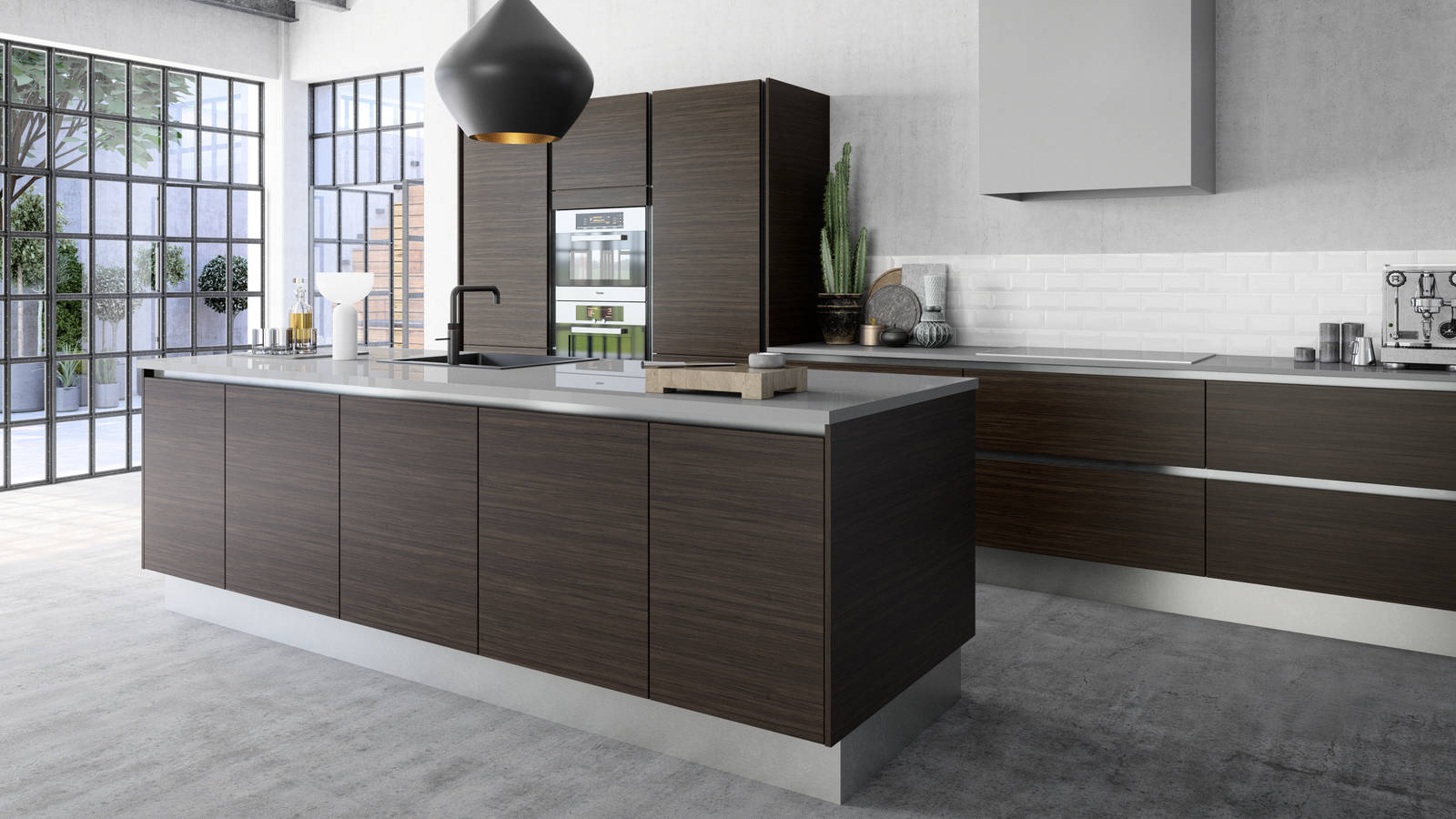 Exklusivt mørkt træ køkken med køkkenø Dark nature fra INVITA med vandret årestruktur fremstillet af bredygtigt træ