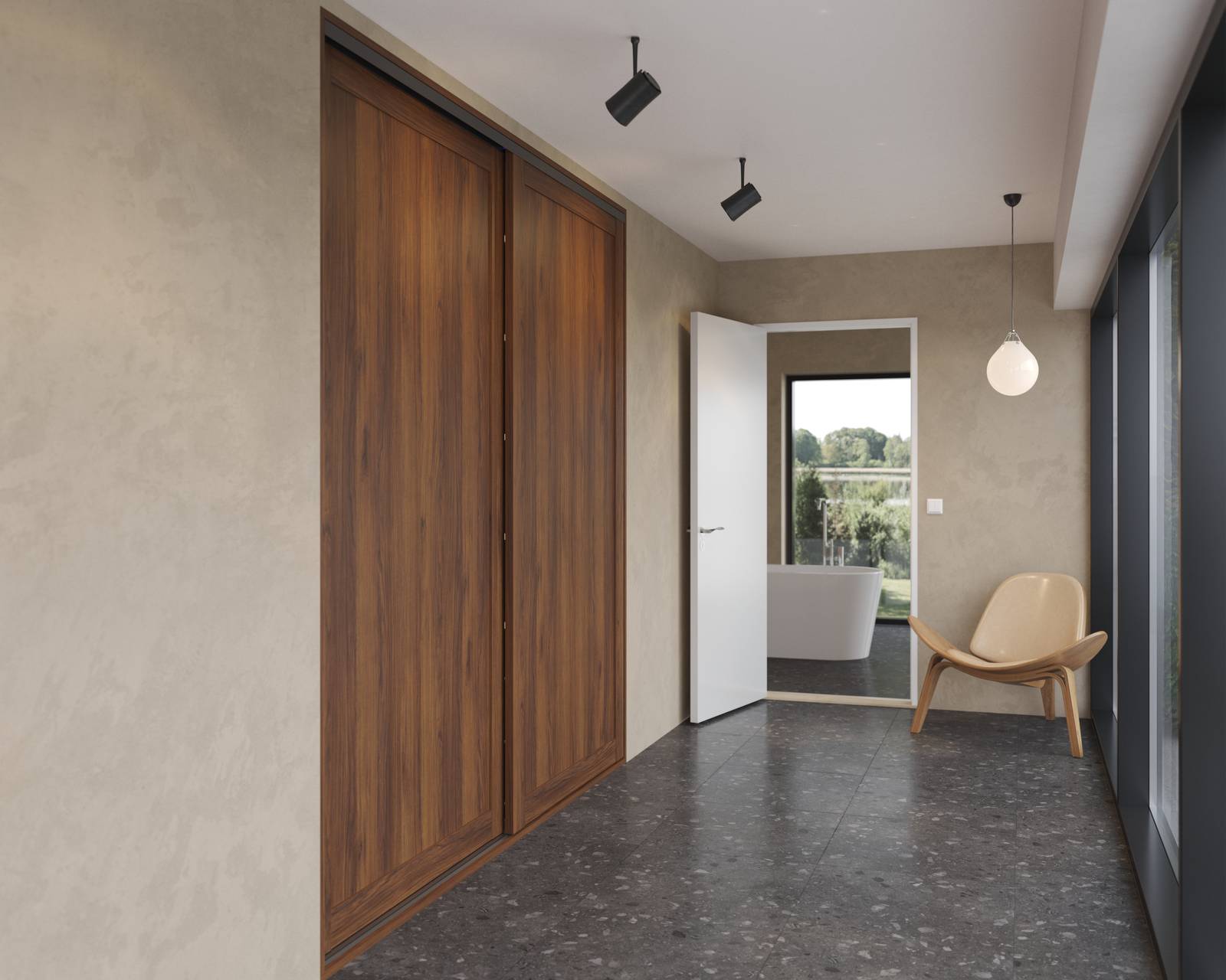 Garderobeskab i mørkt træ med skydedøre i mørke træ i entreen