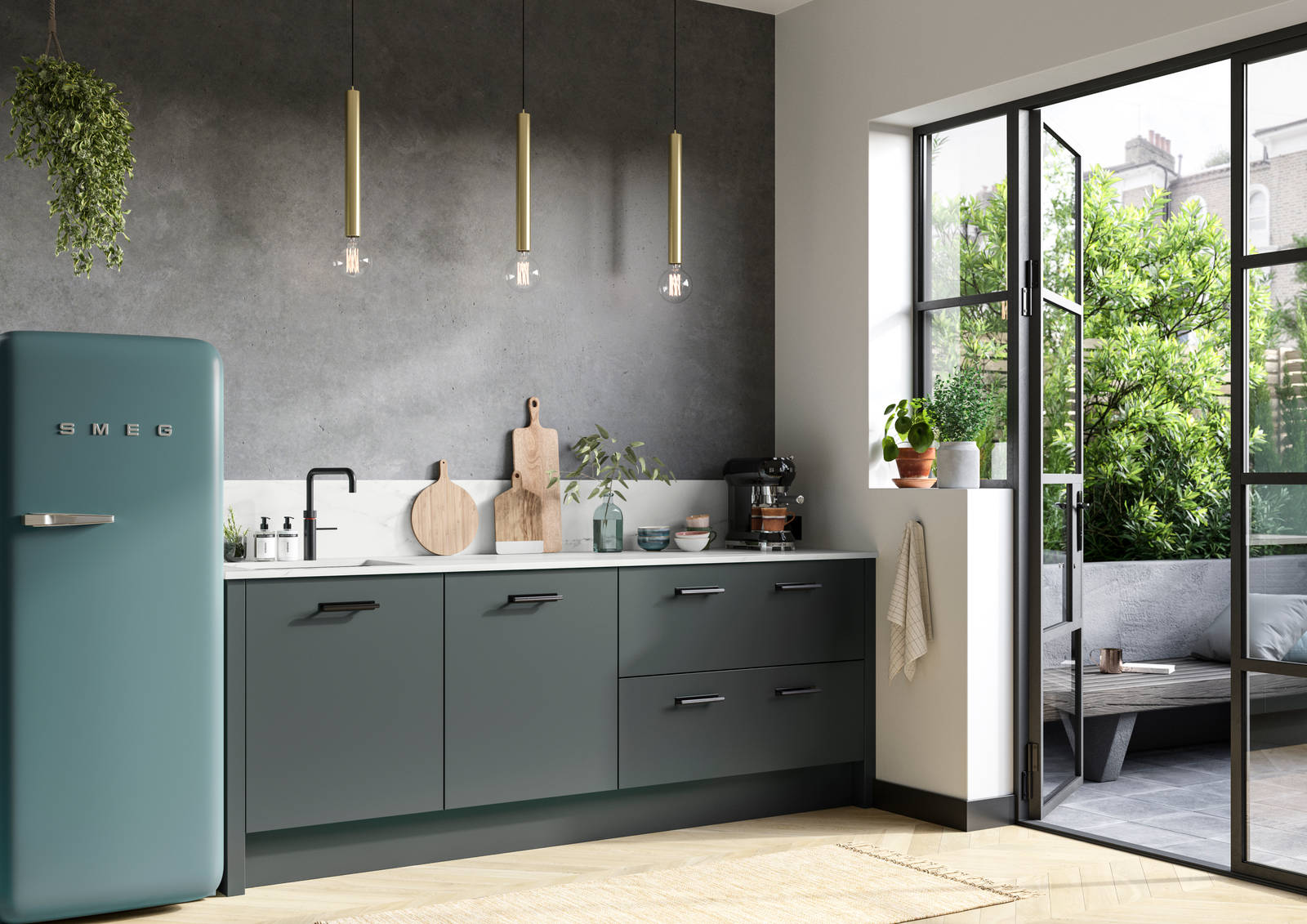 Soho kitchen in Arboretum Green with a blue Smeg fridge, white worktop and splashback matched with black handles and tap.