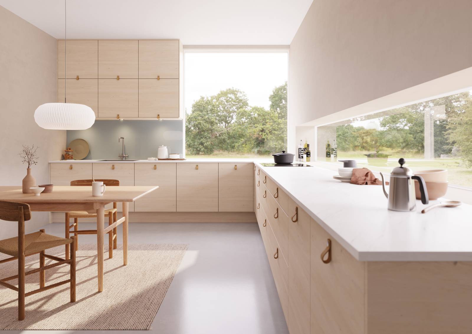 Norema kjøkken Trapes ask moderne lyst kjøkken kjøkken med skinnhåndtak hyttekjøkken