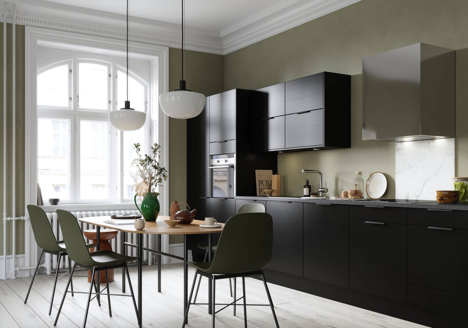 Norema kjøkken Trapes Sort Eik  moderne kjøkken sort eikekjøkken marmor