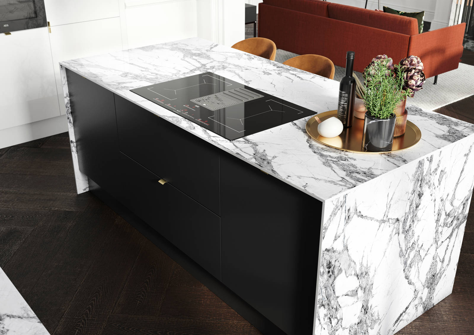 Overhead view of kitchen island in minimal maximalism Hoxton kitchen in Sumi Black, combined with white marbled worktop and splashbacks and colourful interiors.