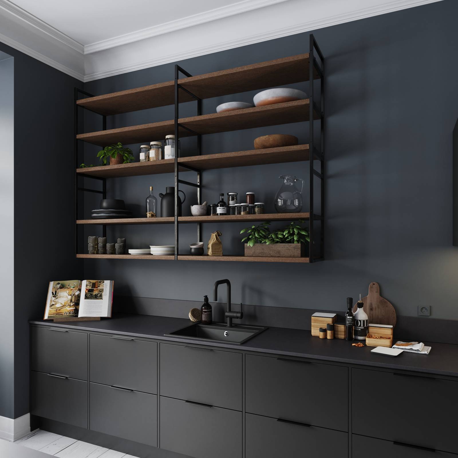 Norema kjøkken Design Akse areal mørk grå åpne hyller
