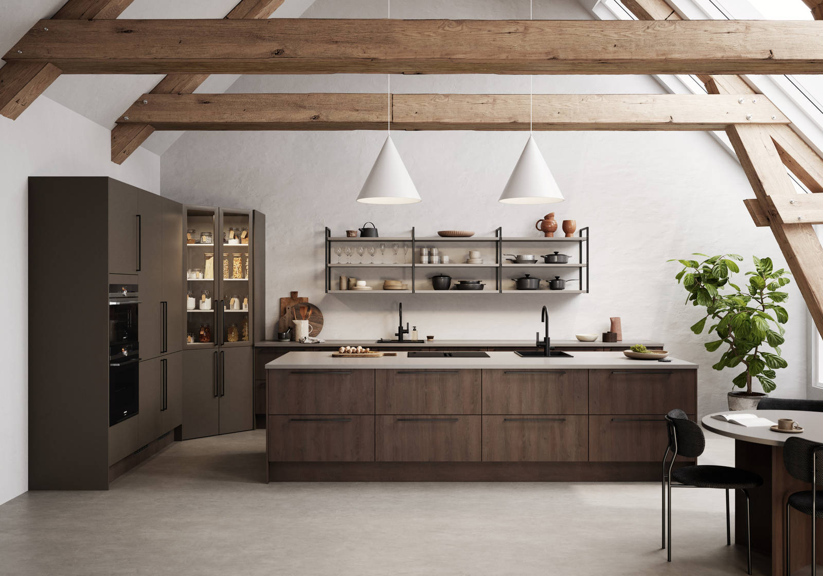 Kök Malevik brun i MFC med liggande trästruktur i kombo med målad kökslucka Arkitekt plus Bark- Marbodal