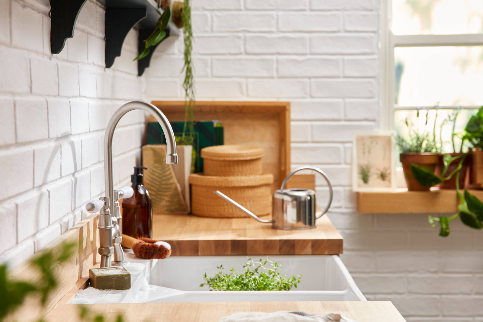 Timber worktop with white sink