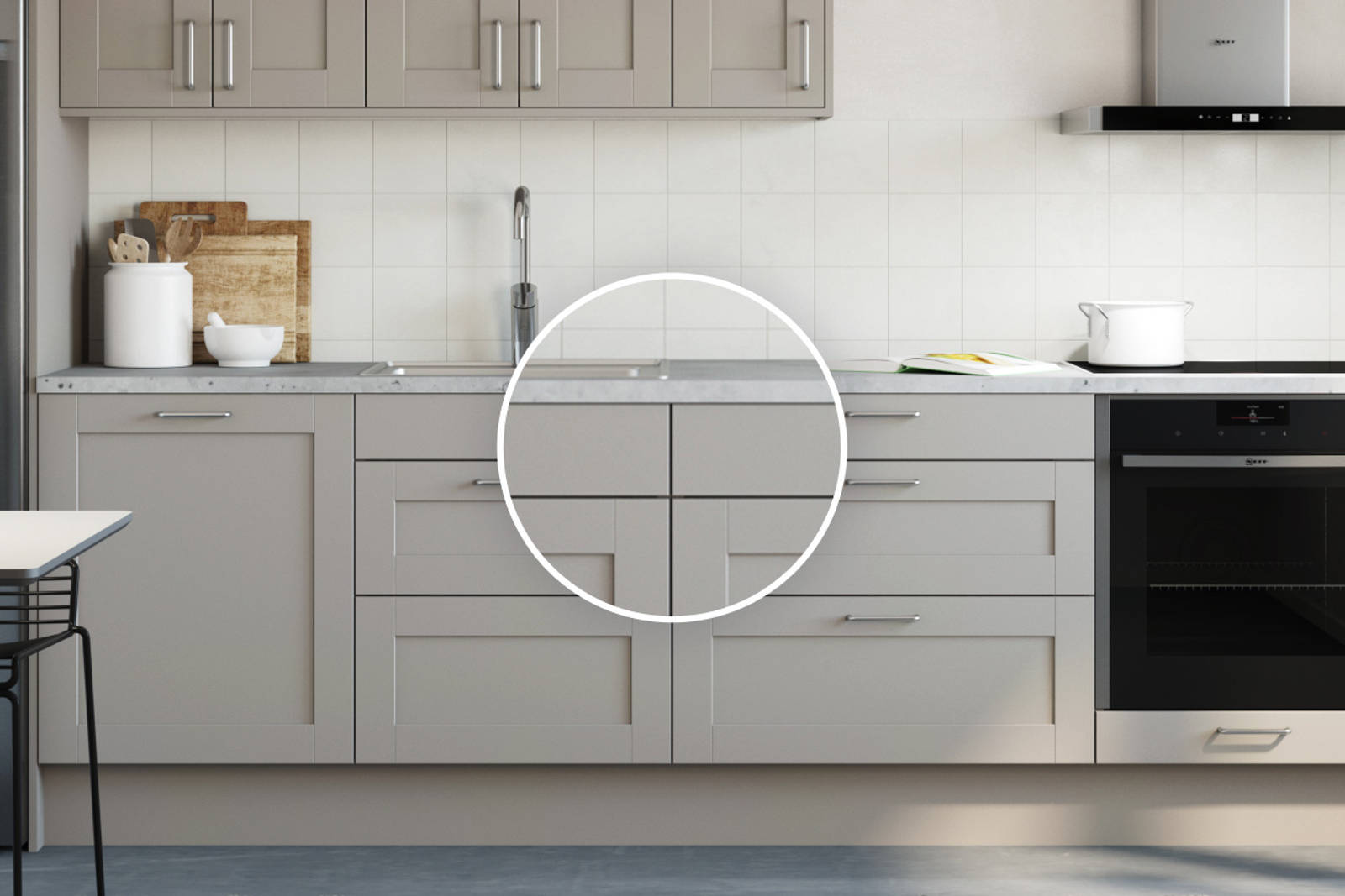 Form, ett kök med ramlucka