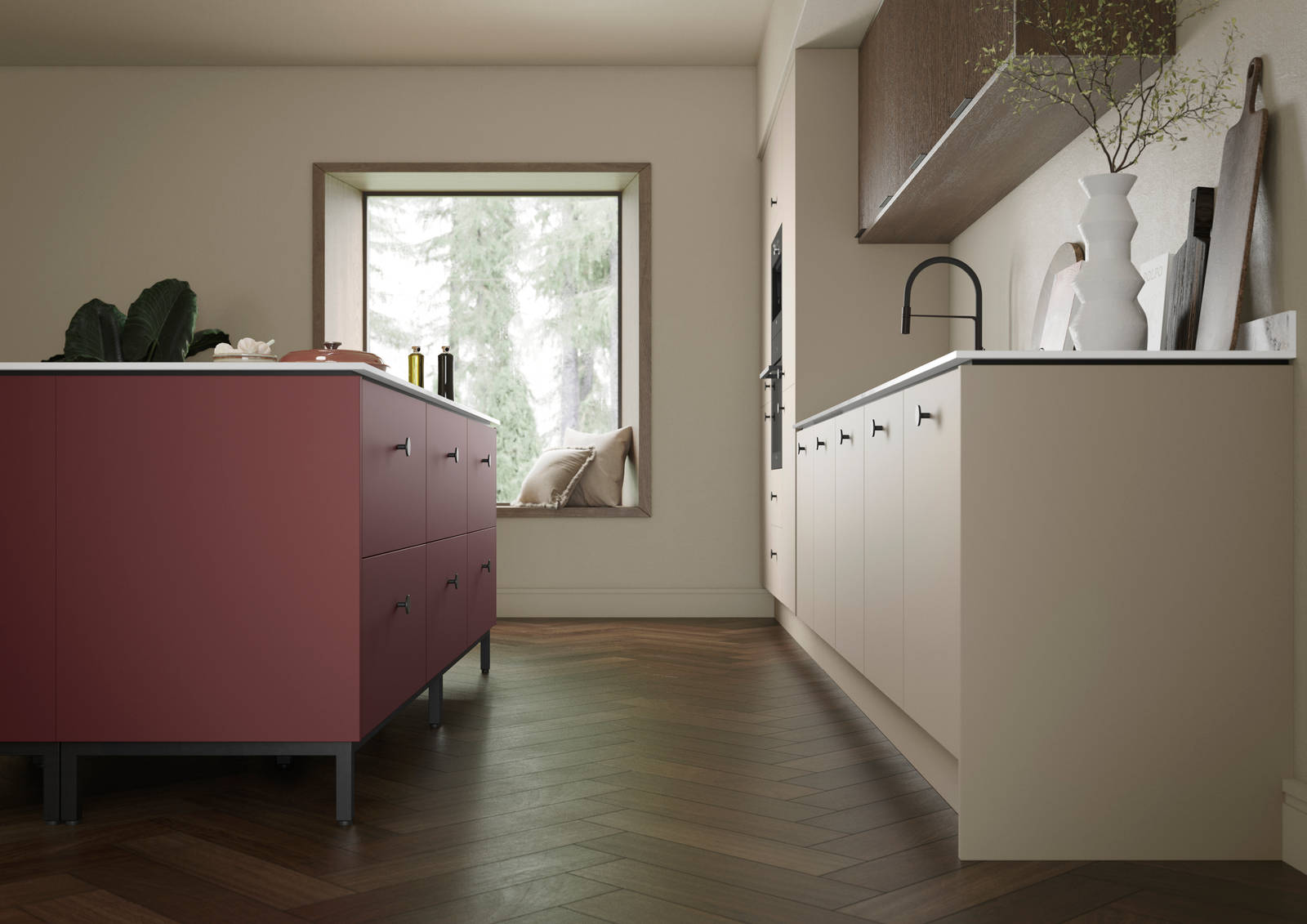 Side view of Soho kitchen in neutral color with Nordic Nature fluted wall cabinets and Burlington Red kitchen island, a painted premium slab door from Magnet.