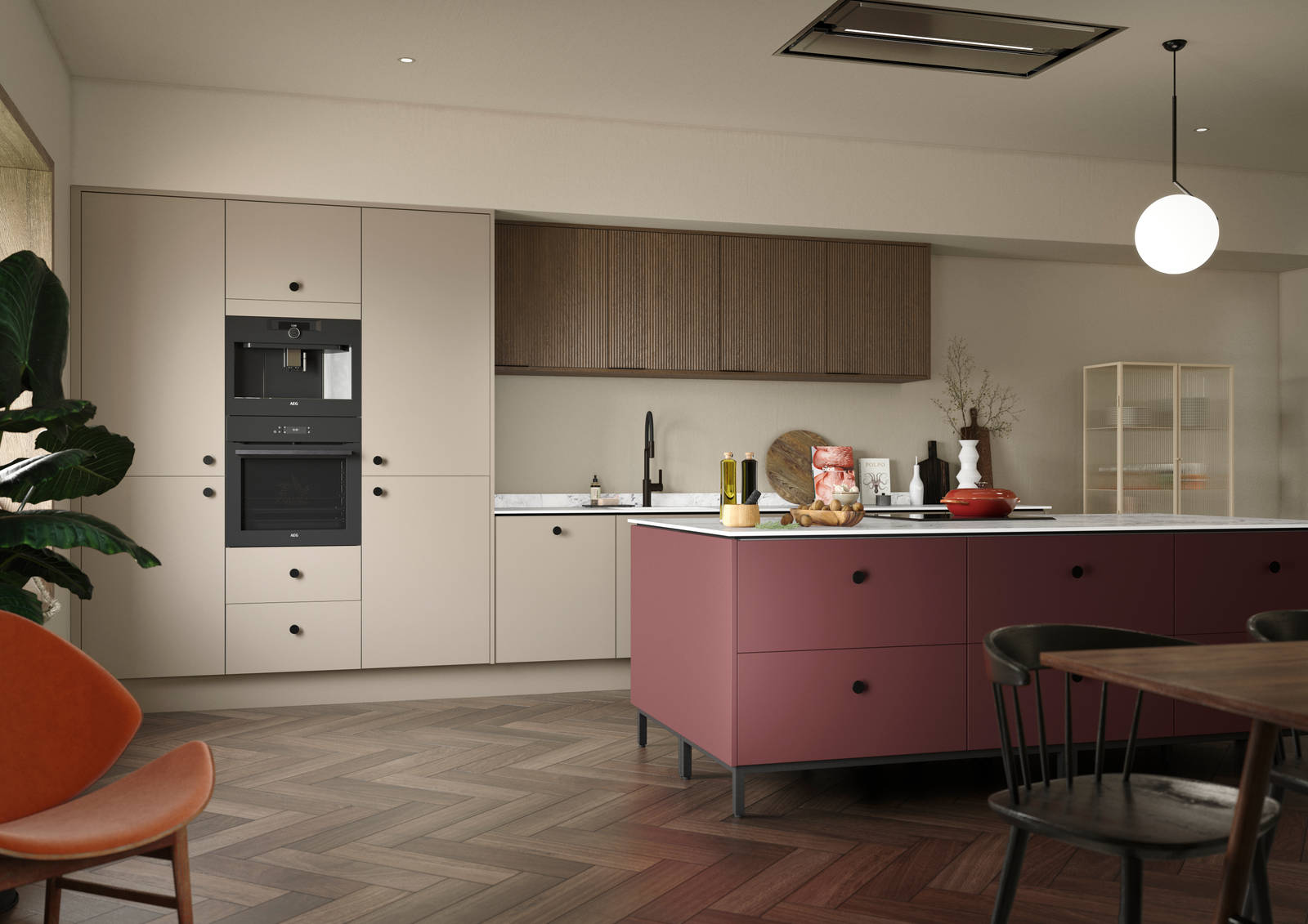 Soho kitchen in neutral color with Nordic Nature fluted oak wall cabinets and Burlington Red kitchen island, a painted premium slab door from Magnet.