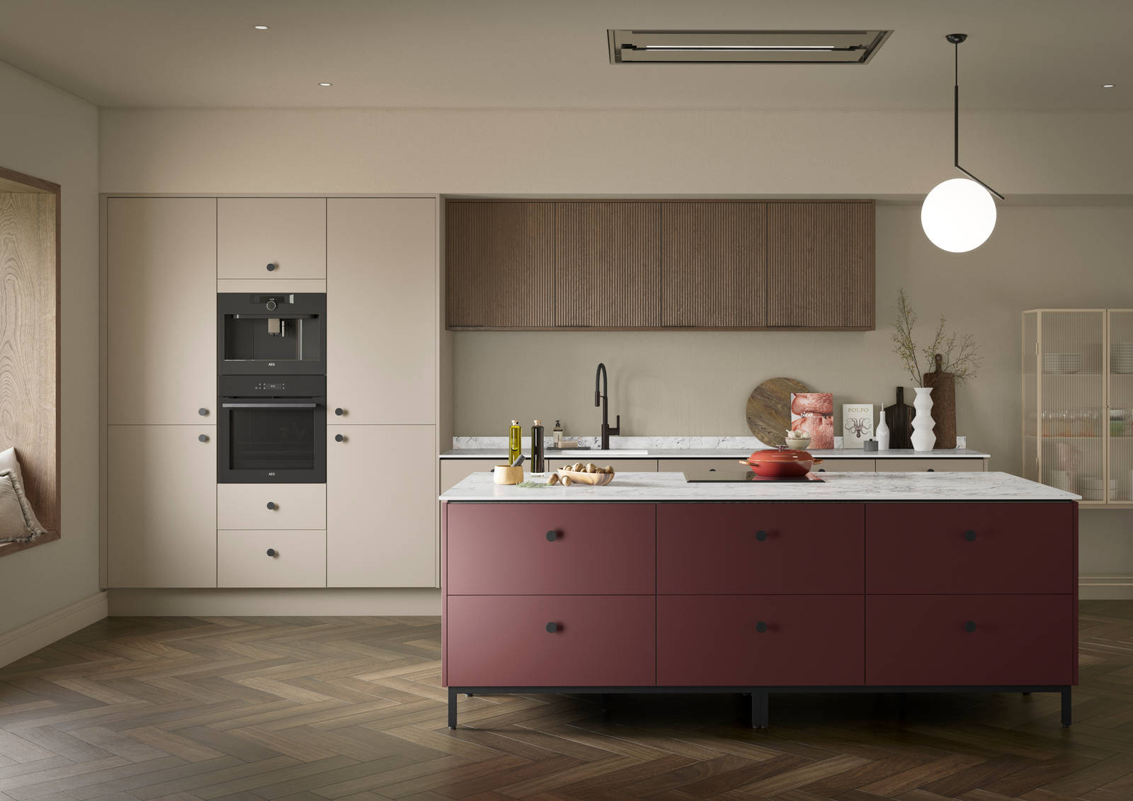 Soho kitchen in neutral color with Nordic Nature fluted wall cabinets and Burlington Red kitchen island, a painted premium slab door from Magnet.