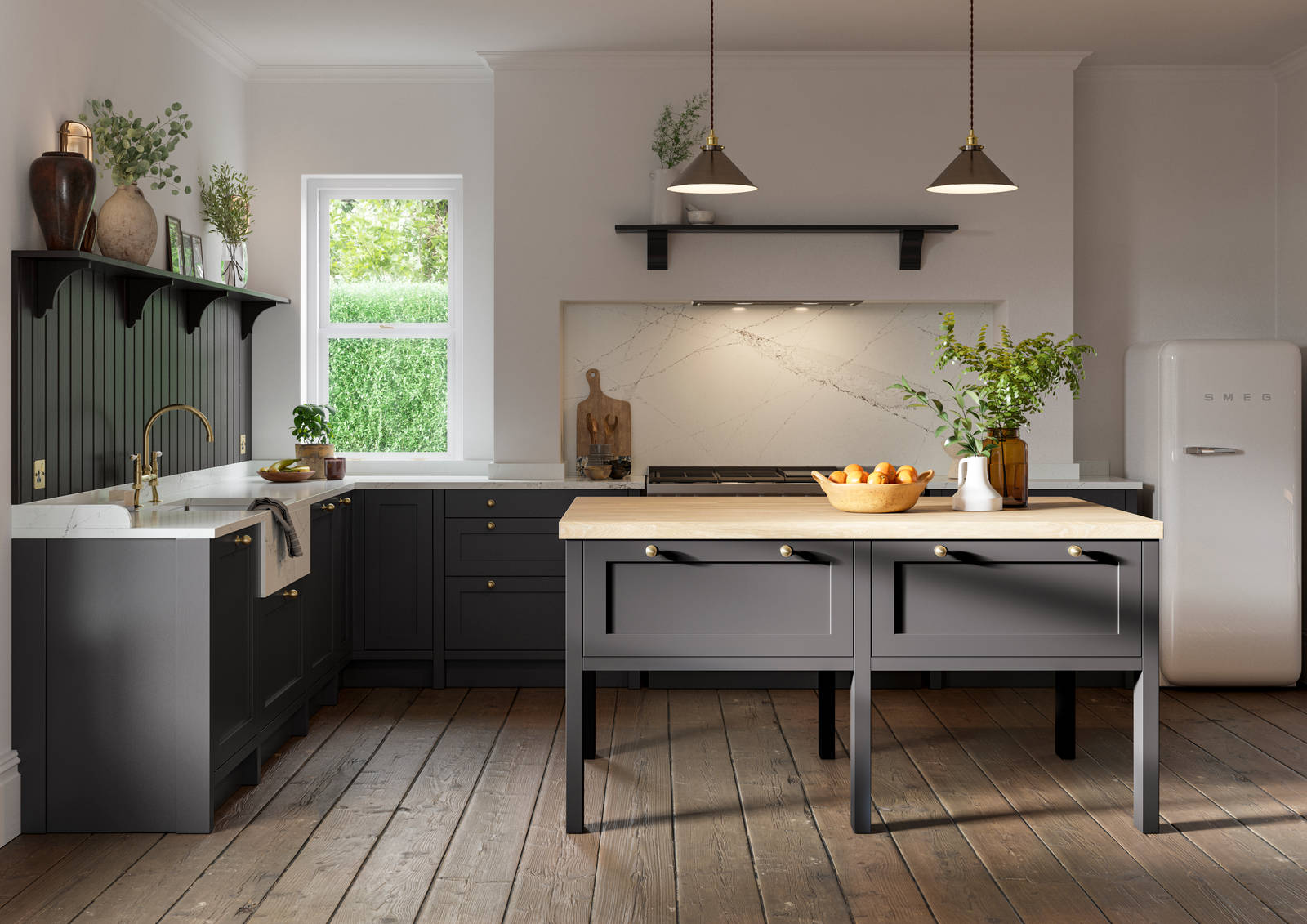 A dark grey Shaker kitchen with Charcoals cabinetry, with a kitchen island covered with a wooden worktop.