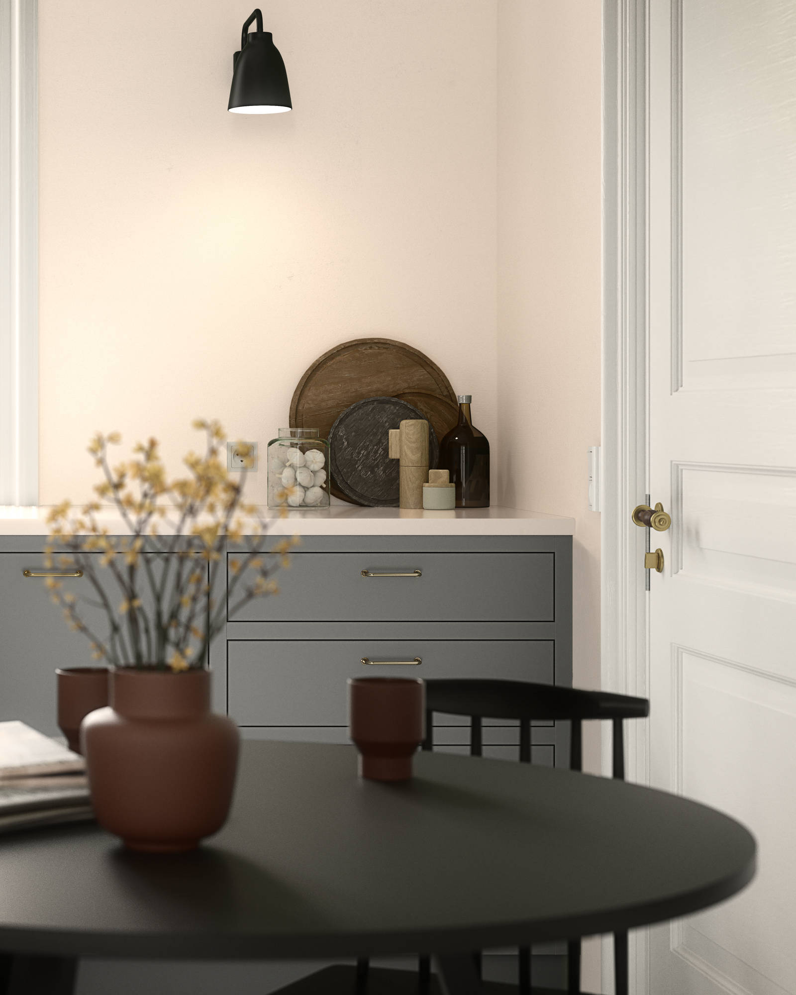 Forrammekøkken Athena Fusion i lys grå farve Sky fra INVITA med grå stein bordplade, rustfrit stål håndtag