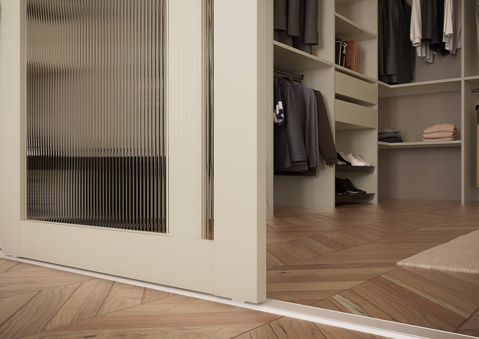 Nærbillede af glasskydedør med beige træramme