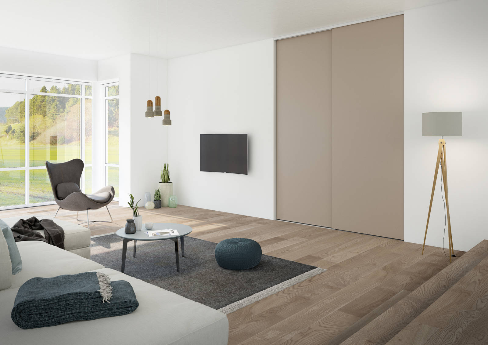 Garderobe i stue med beige skydedøre