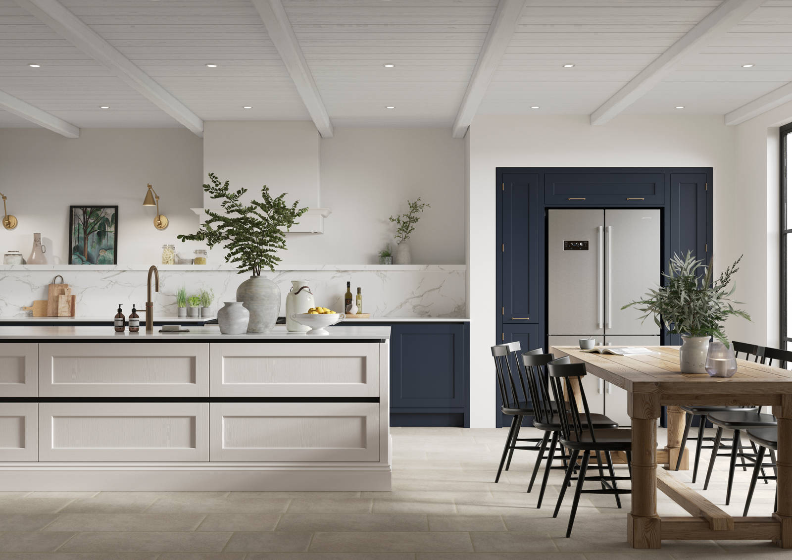 Integra Ludlow in shades Dove Grey and Midnight, a contemporary take on a Shaker kitchen, where the premium frontal features panelled doors with integrated handles.
