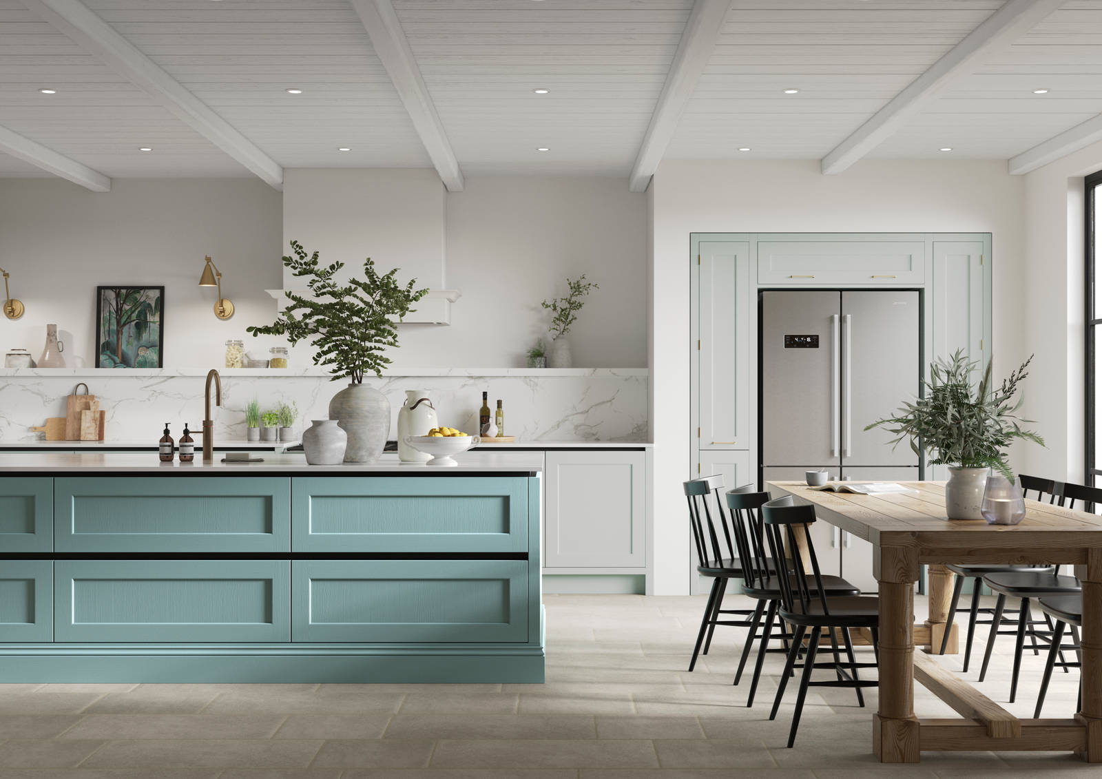 Integra Ludlow in shades Washed cotton and Morris Blue, a contemporary take on a Shaker kitchen, where the premium frontal features panelled doors with integrated handles.