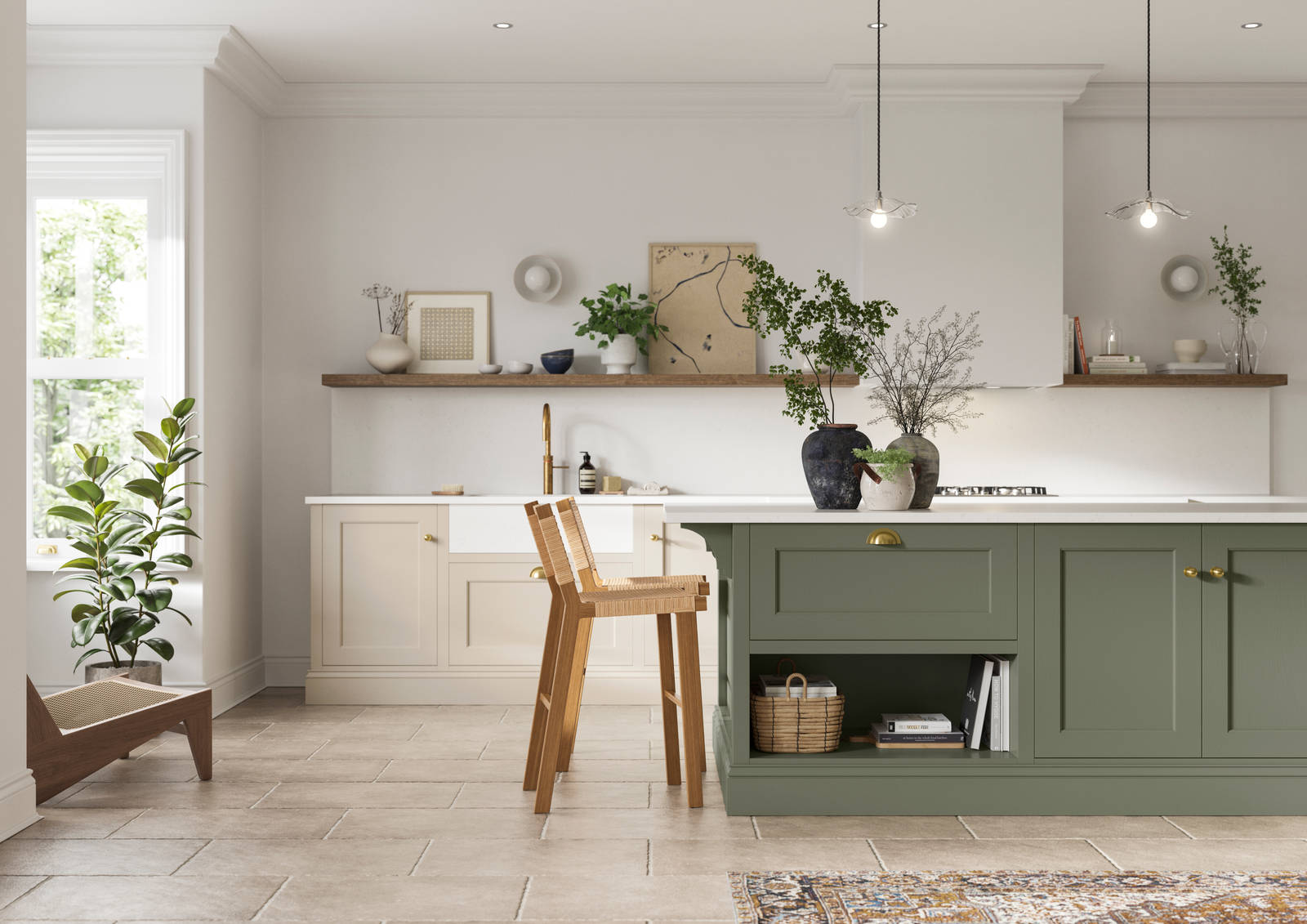 Traditional Shaker-style kitchen range in light shade Pebble path with a green Misty Moors kitchen island.