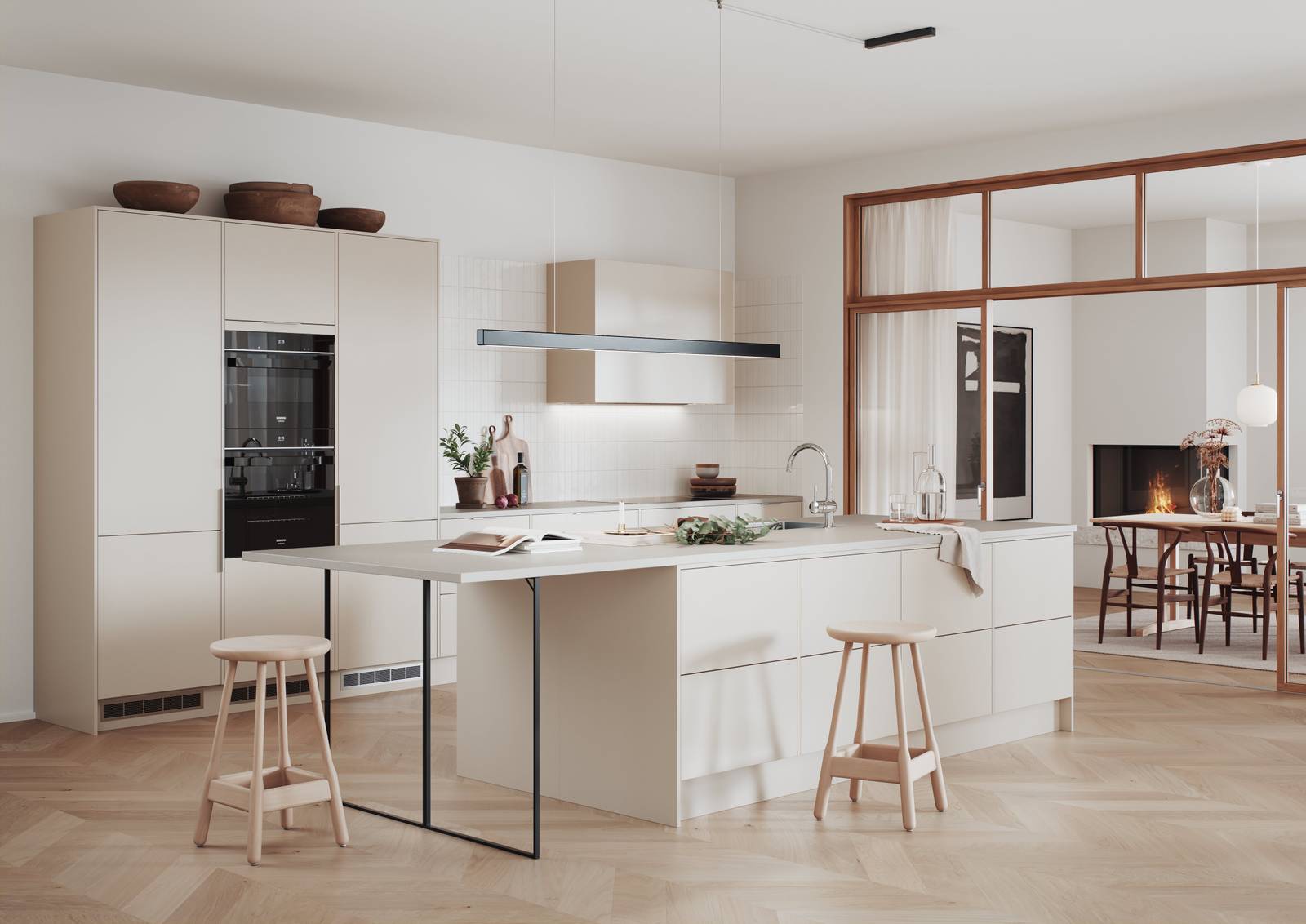 Hyperpraktisk beige kjøkken som fåes i 8 nøye utvalgte farger med renholdsvennlige fronter i malt slett MDF, matchende hette, laminat benkeplate, kjøkkenøya med bardisk og metallben i en ende.