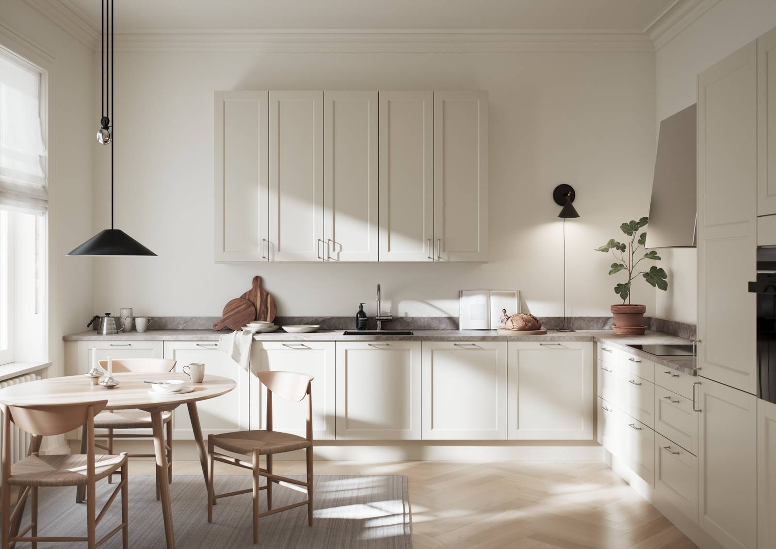 Tidløs beige kjøkken som har en 5-delt speilfront med profilert innerkant og slett speil, stål håndtak og kran, grå marmor benkeplate med spisebord og stoler i lys tre.