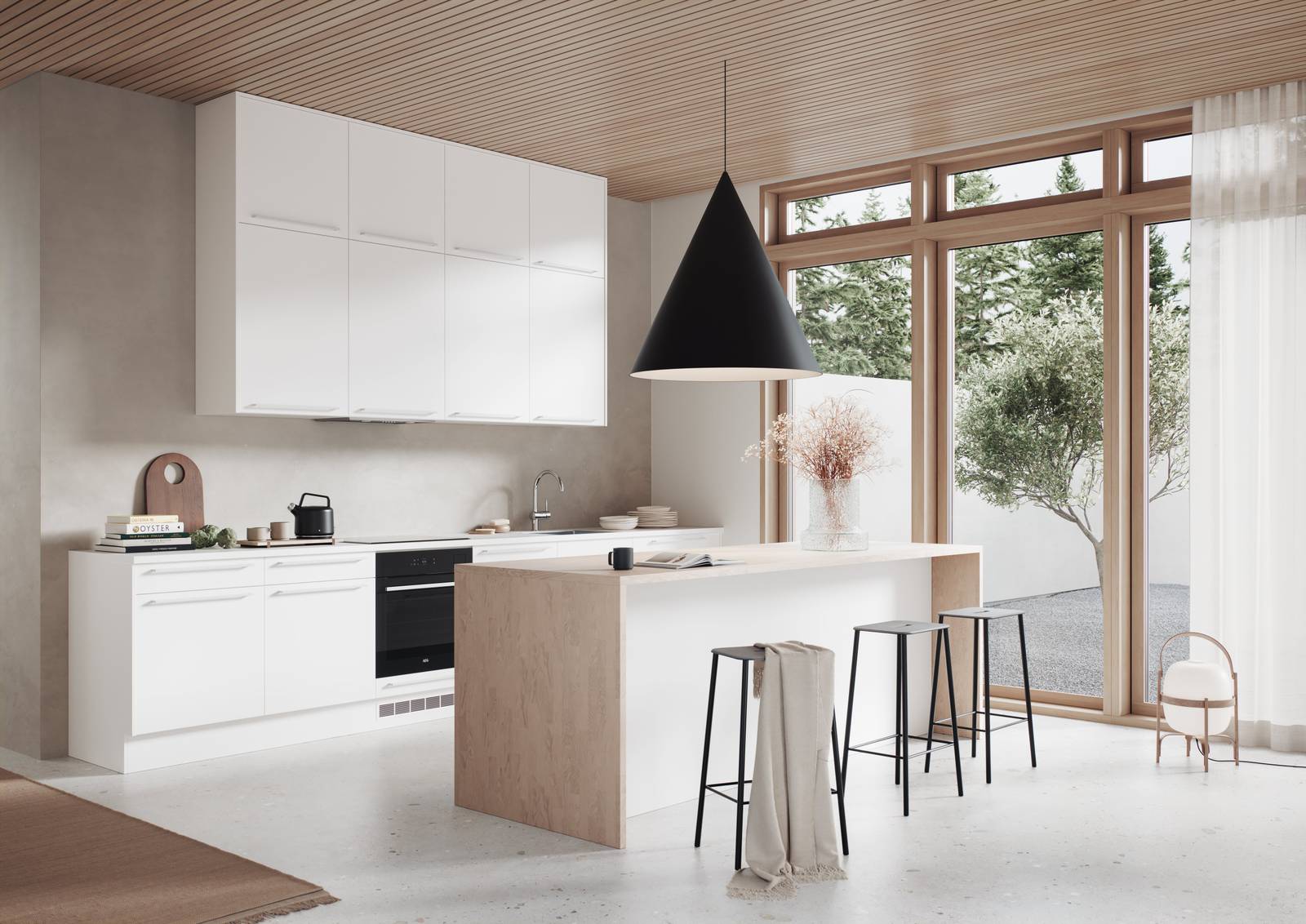 Svært prisgunstig hvit kjøkken med rengjørings-vennlige fronter med laminatbenkeplate eik, bardisk og krom håndtak