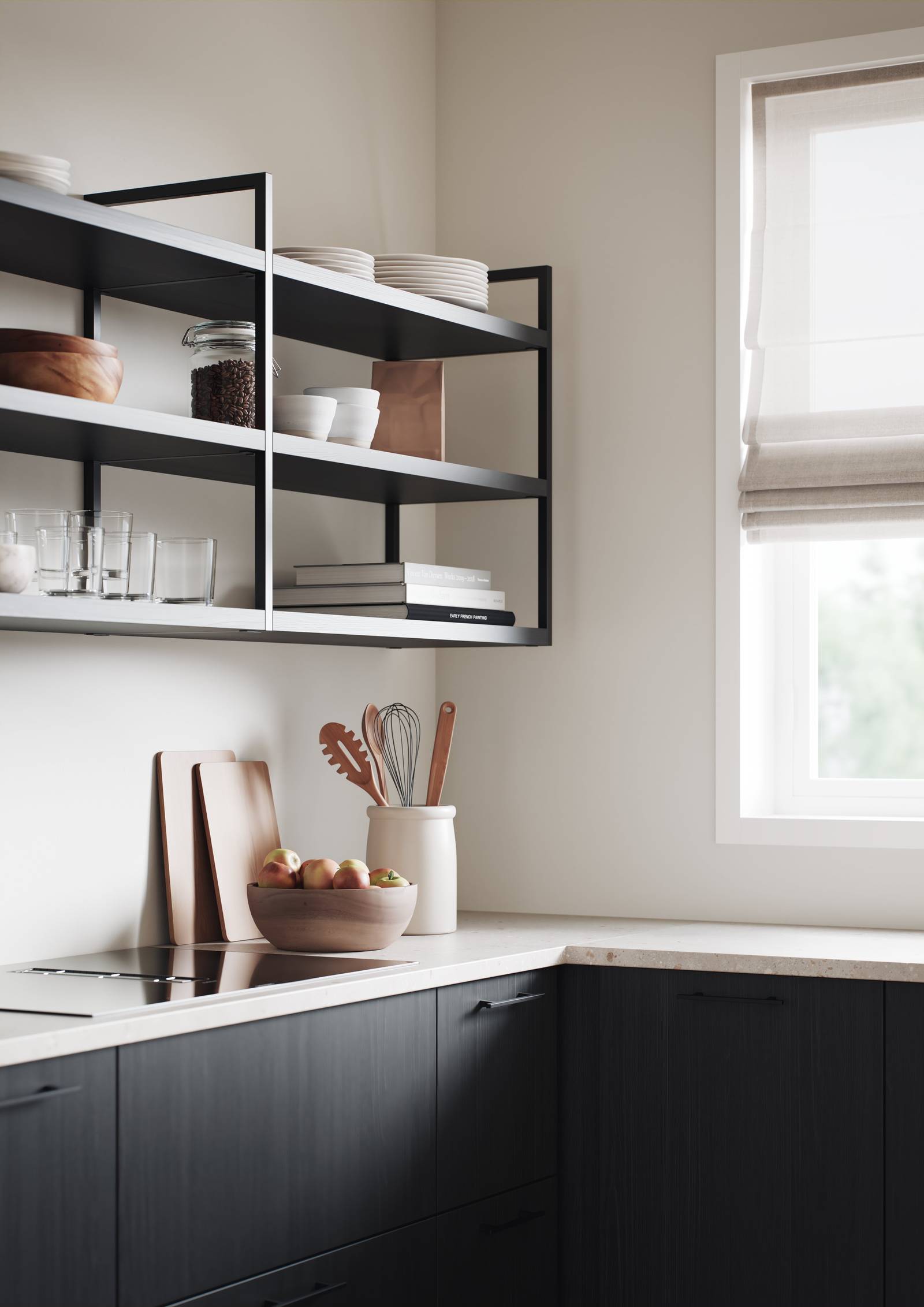 Nærbild av moderne kjøkkenmodell med slette og slitesterke melaminbelagte fronter i stående trestruktur, sort eik og marmor laminatbenkeplate med matchende åpne vegghyller med sort metallramme