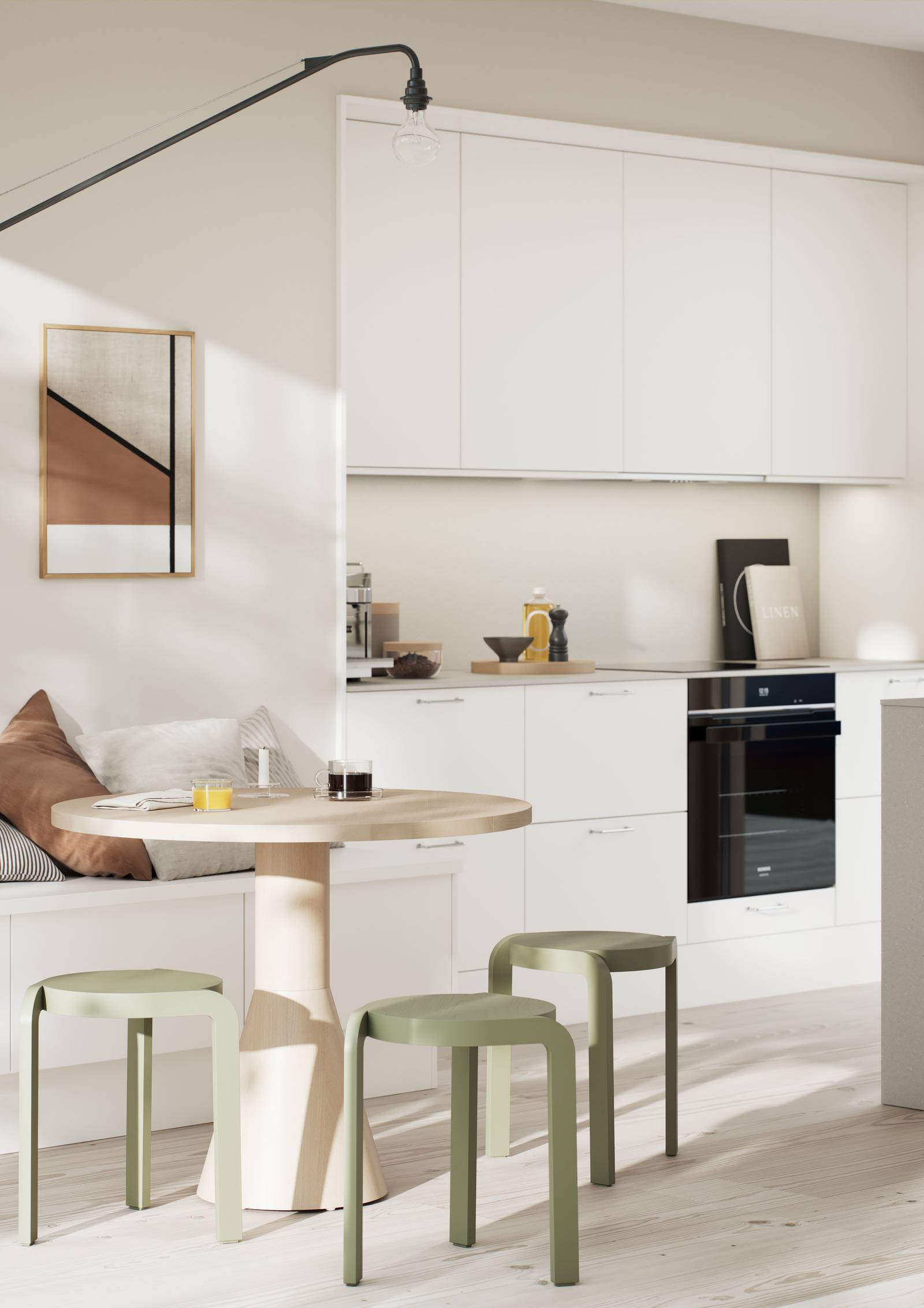 Moderne kjøkken i hvit høytrykkslaminat med betong laminatbenkeplate, stål håndtak, bardisk i kjøkkenøya med tre stoler og sittbenk i matchende skap med spisebord i lys tre