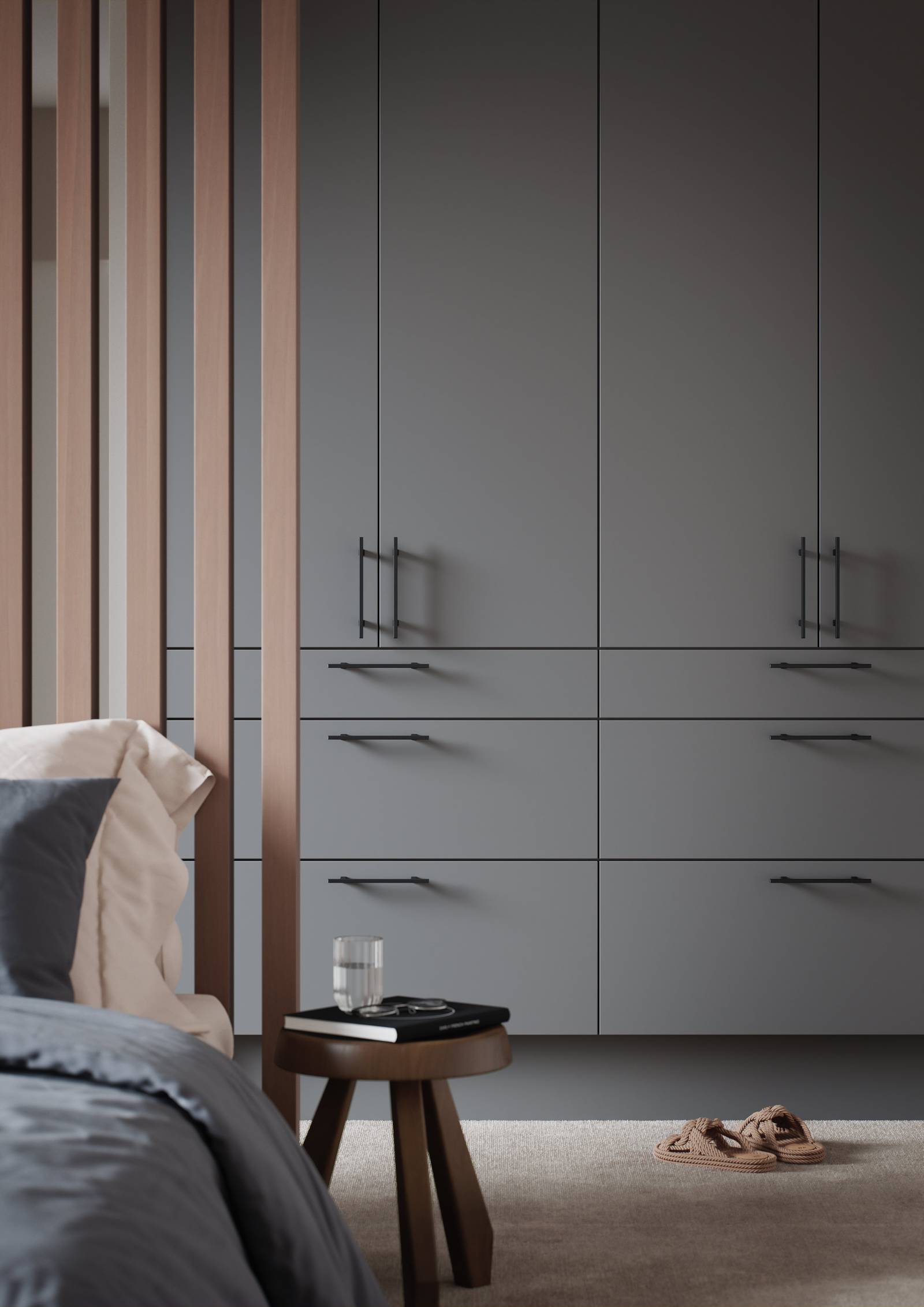 Svært prisgunstig mørkgrå garderobe med rengjørings-vennlige fronter, sort håndtak i soverom med tre panel og sengbord