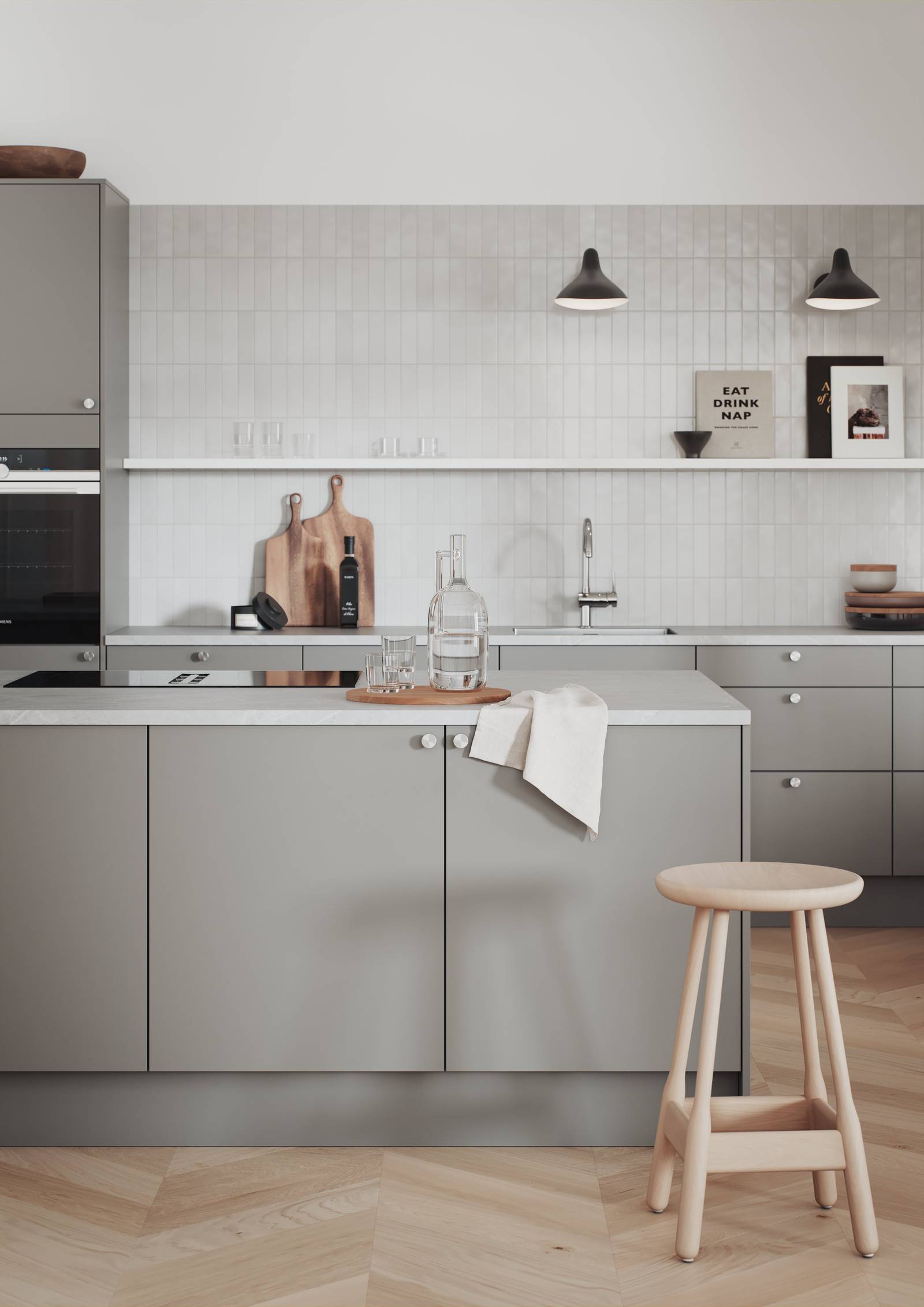 Hyperpraktisk grå kjøkken med renholdsvennlige fronter i malt slett MDF.