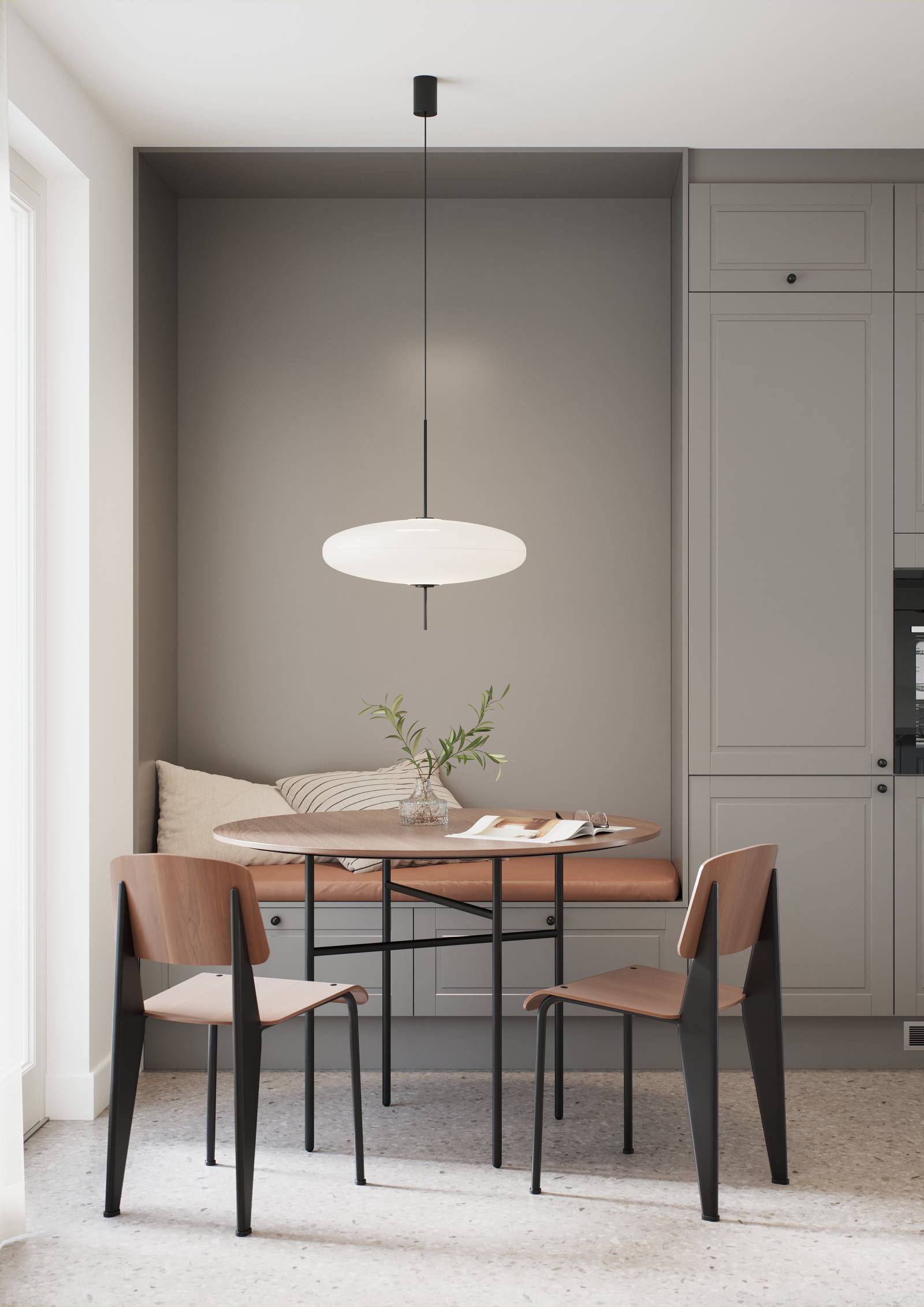 Mellomgrå tidløs og modern kjøkken med freste speildører som ger kjøkkenet klassiske detaljer uten å bli rustikt, spisebord i tre med sort ben.